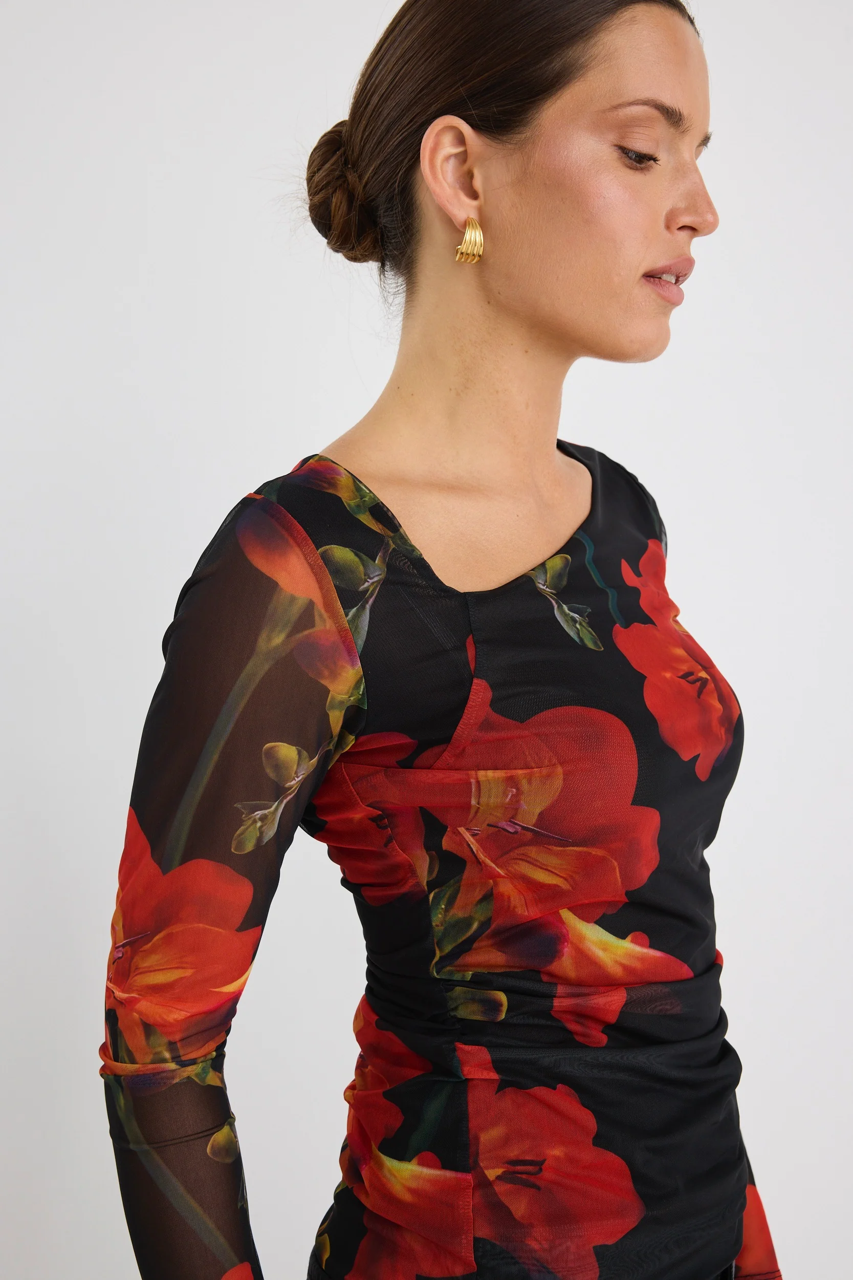 Askew Red Floral Mesh Asymmetrical LS Top - Image 4