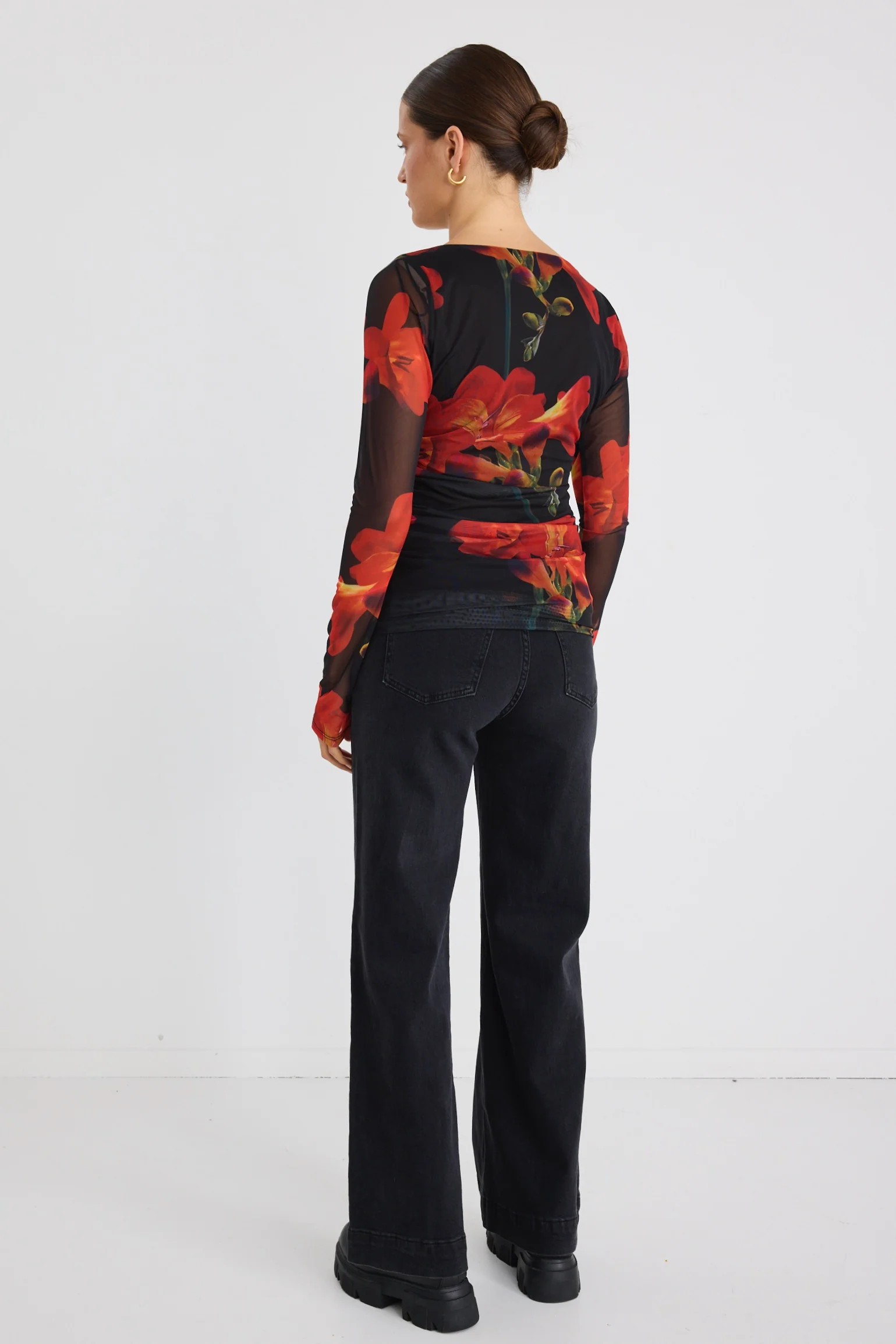 Askew Red Floral Mesh Asymmetrical LS Top - Image 5