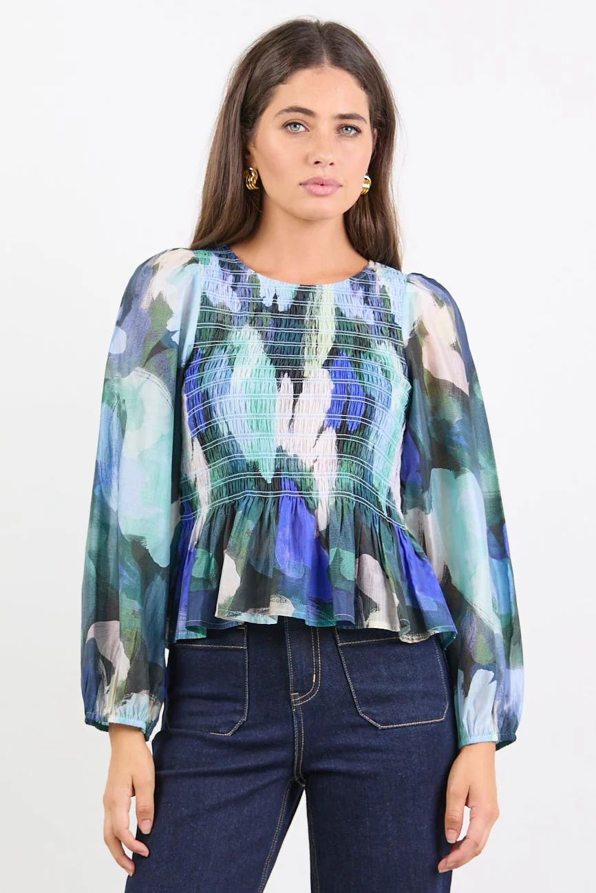 Assent Blue Abstract Print Shirred Long Sleeve Top - Image 3