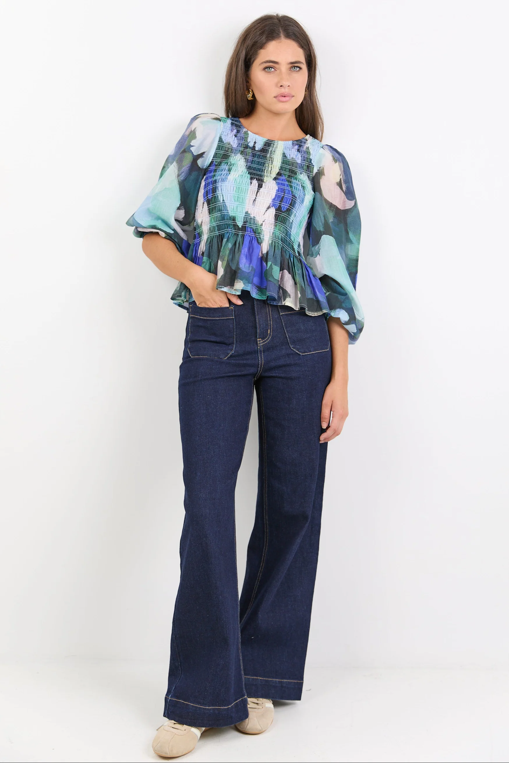 Assent Blue Abstract Print Shirred Long Sleeve Top - Image 4