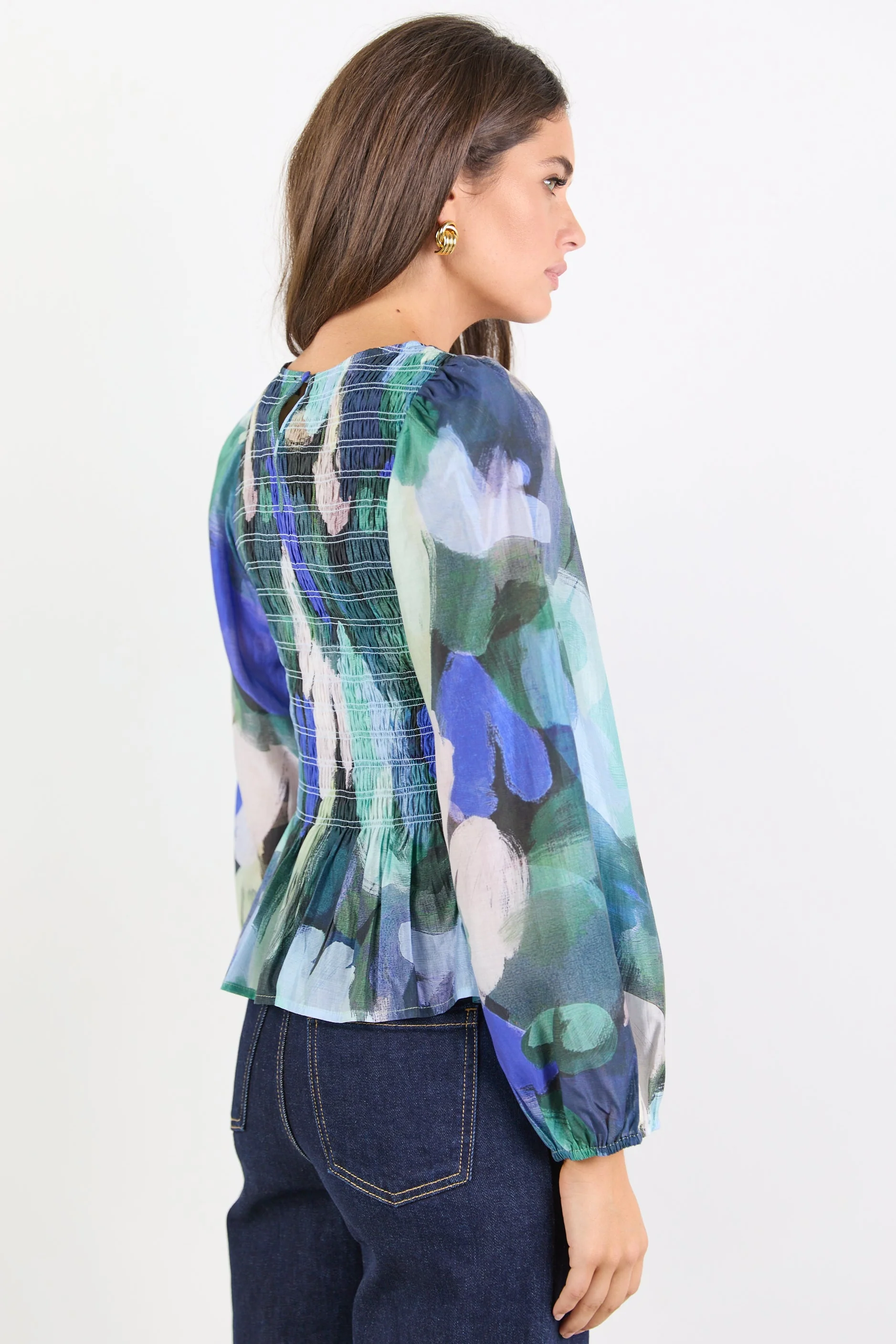 Assent Blue Abstract Print Shirred Long Sleeve Top - Image 5