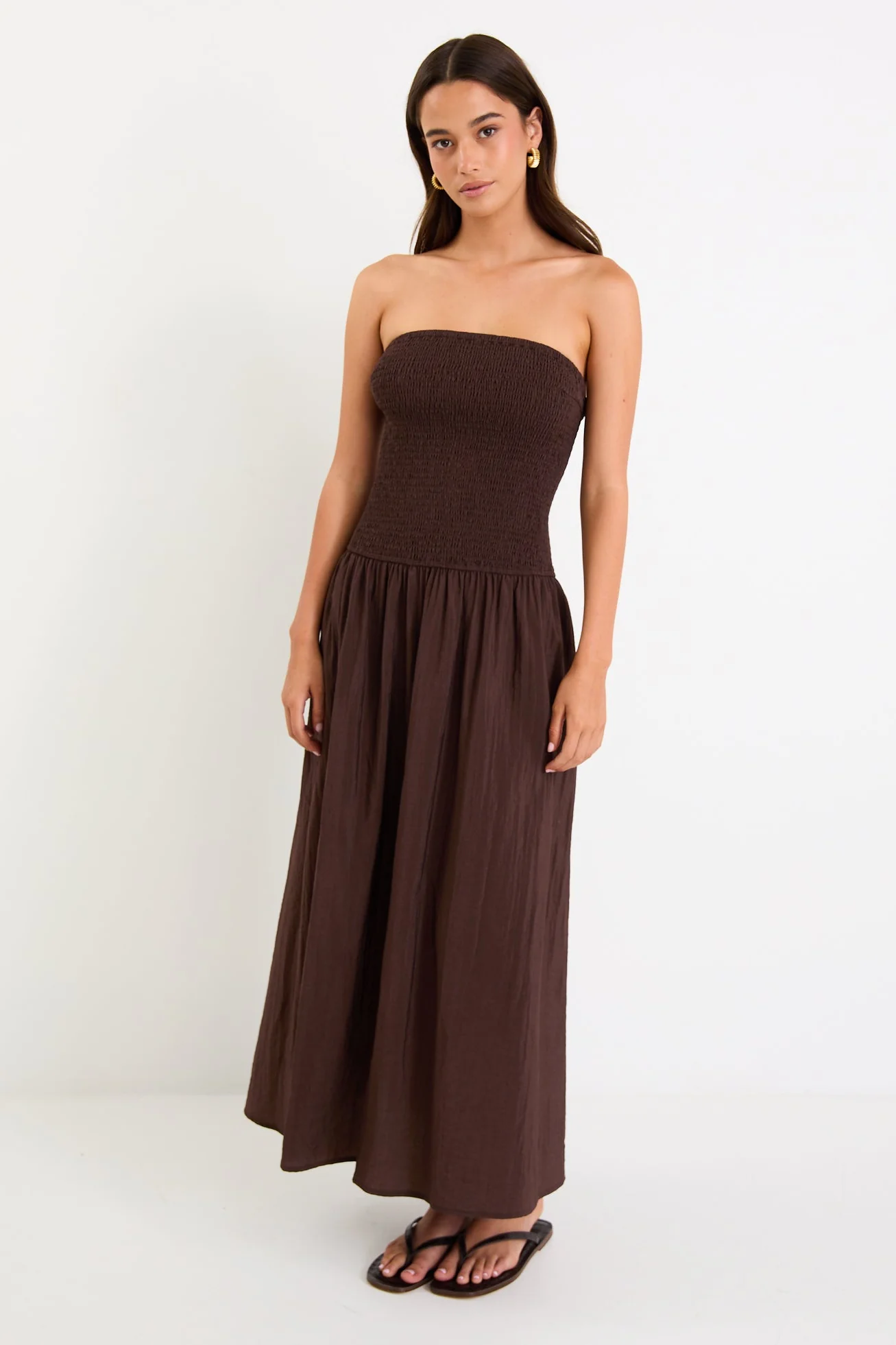 Athens Chocolate Strapless Shirred Bodice Maxi Dress - Image 3