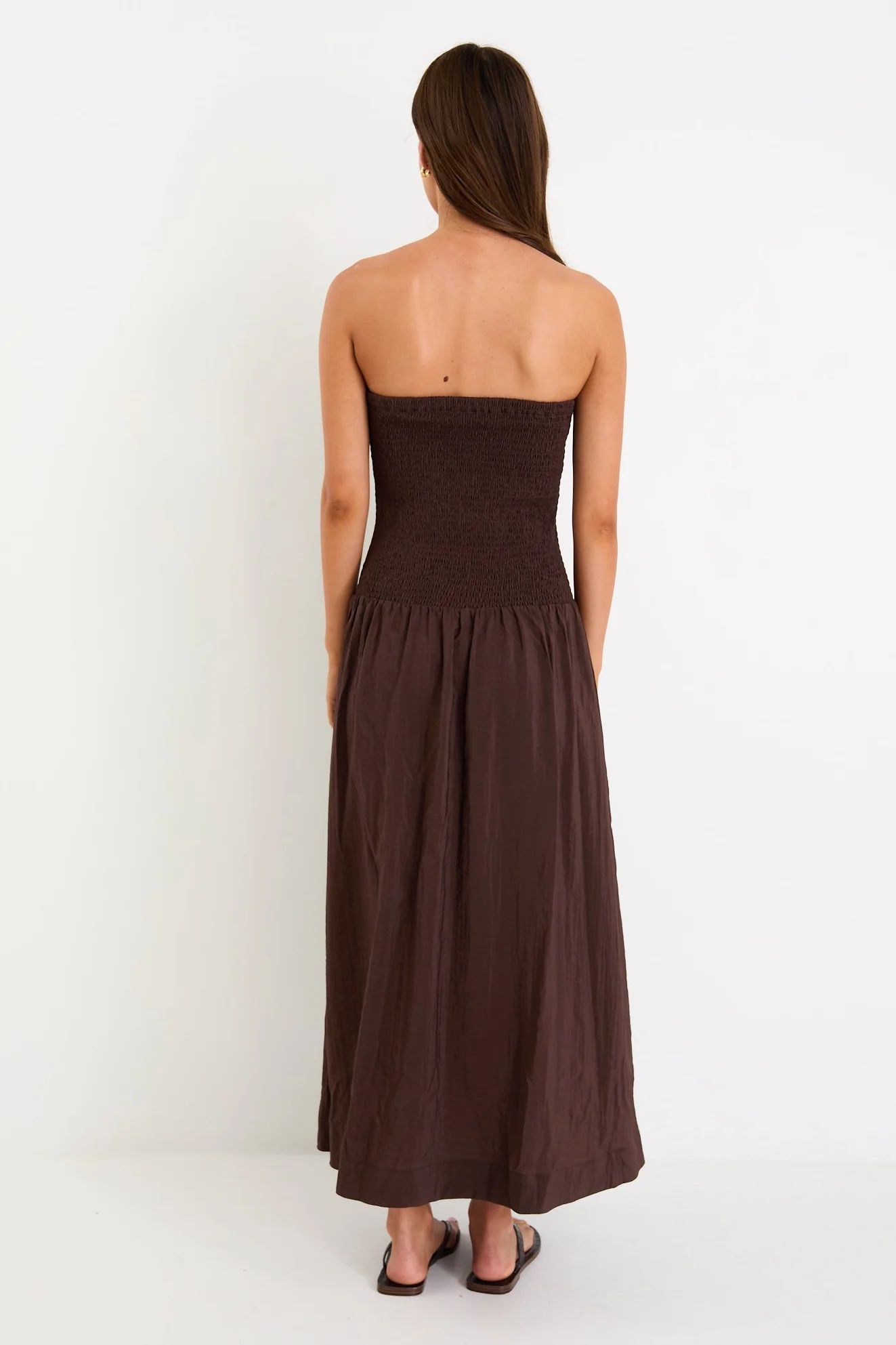 Athens Chocolate Strapless Shirred Bodice Maxi Dress - Image 7