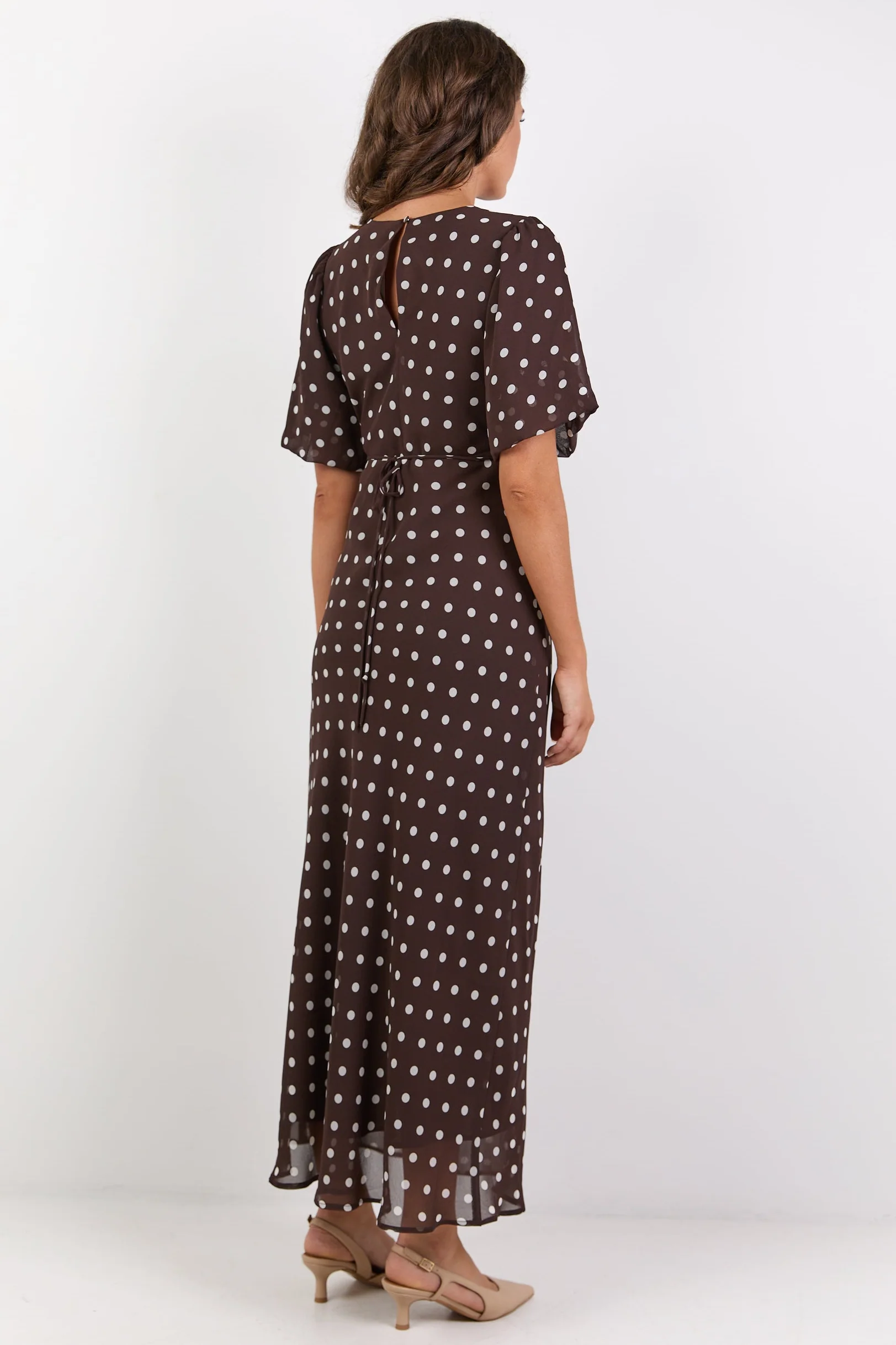 Aura Chocolate Polka Dot Puff Short Sleeve Bias Midi Dress - Image 6