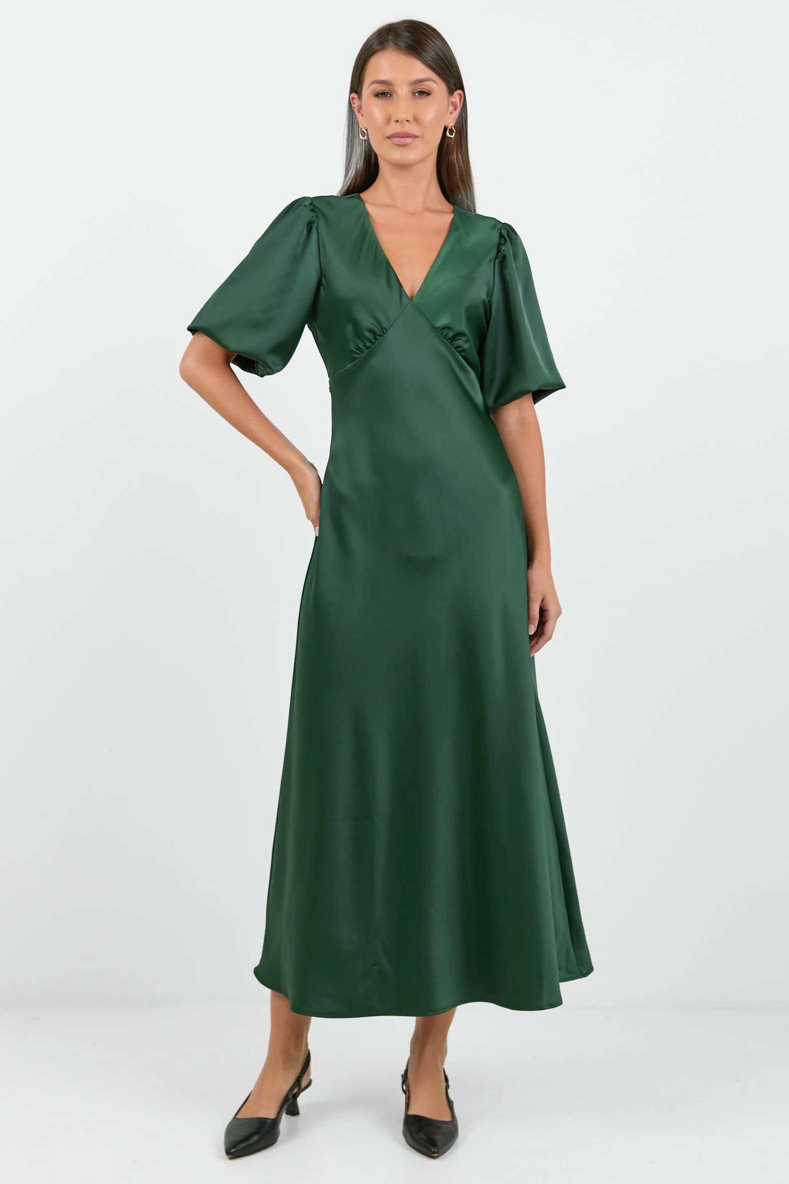 Aura Forest Satin Puff Short Sleeve Bias Midi Dress