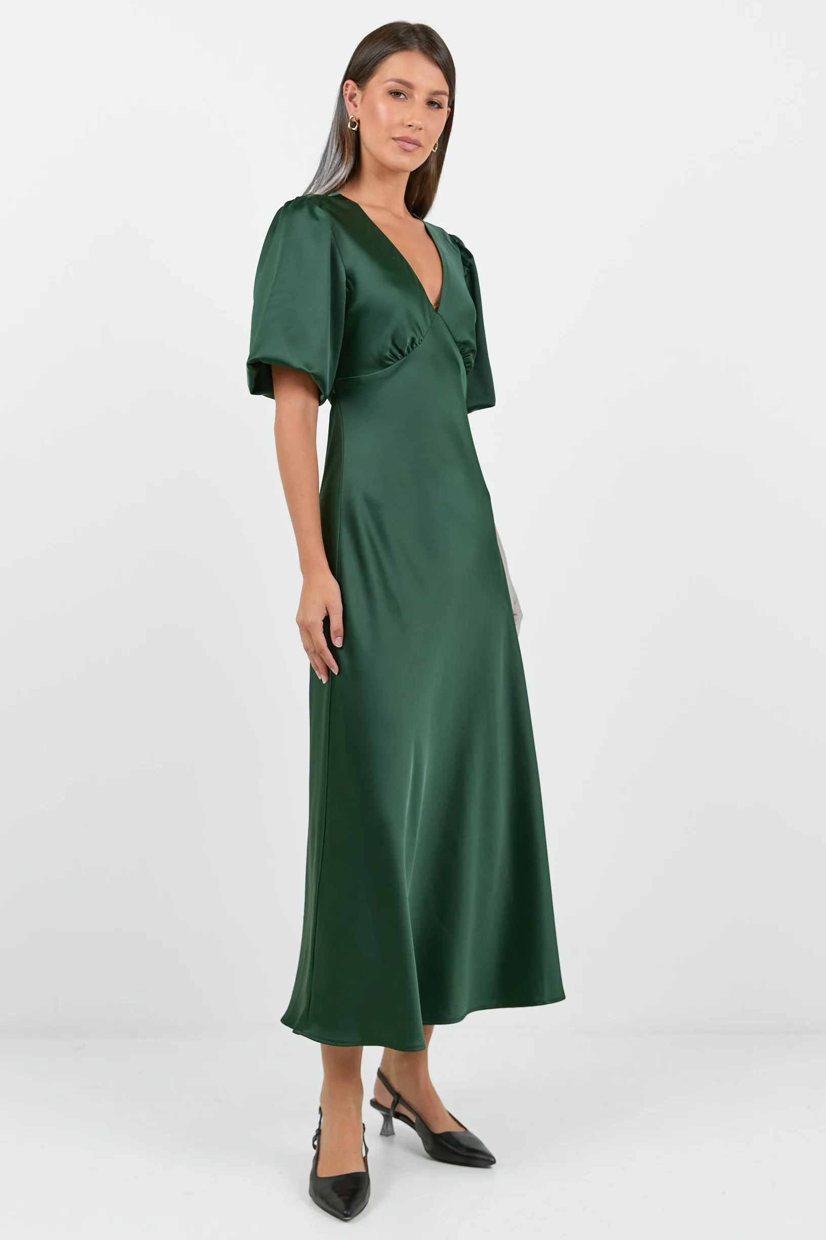 Aura Forest Satin Puff Short Sleeve Bias Midi Dress - Image 2