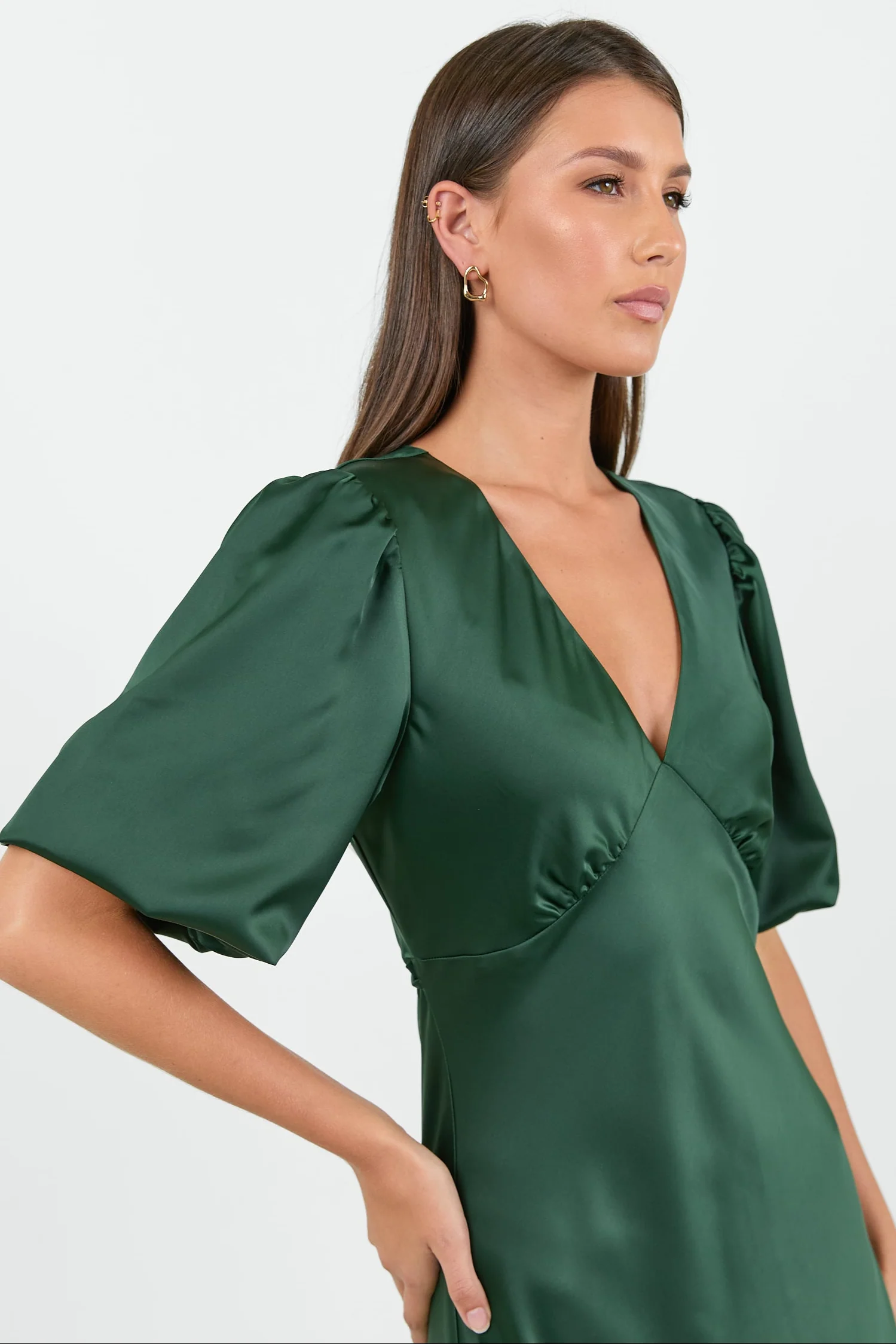 Aura Forest Satin Puff Short Sleeve Bias Midi Dress - Image 3