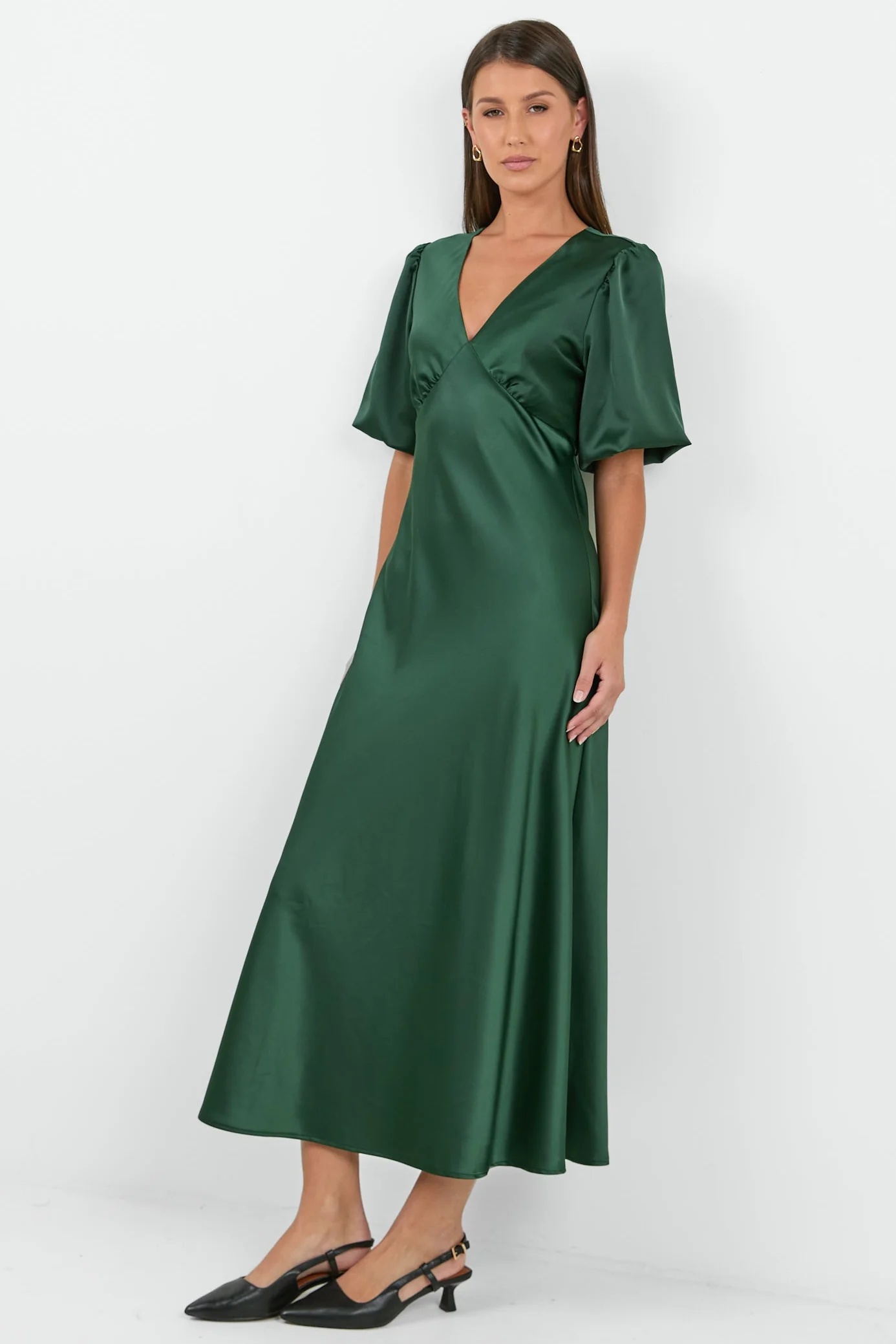 Aura Forest Satin Puff Short Sleeve Bias Midi Dress - Image 4