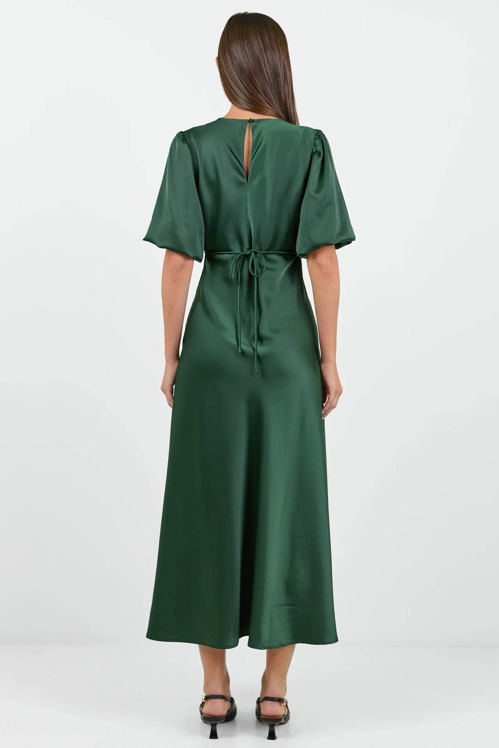 Aura Forest Satin Puff Short Sleeve Bias Midi Dress - Image 5