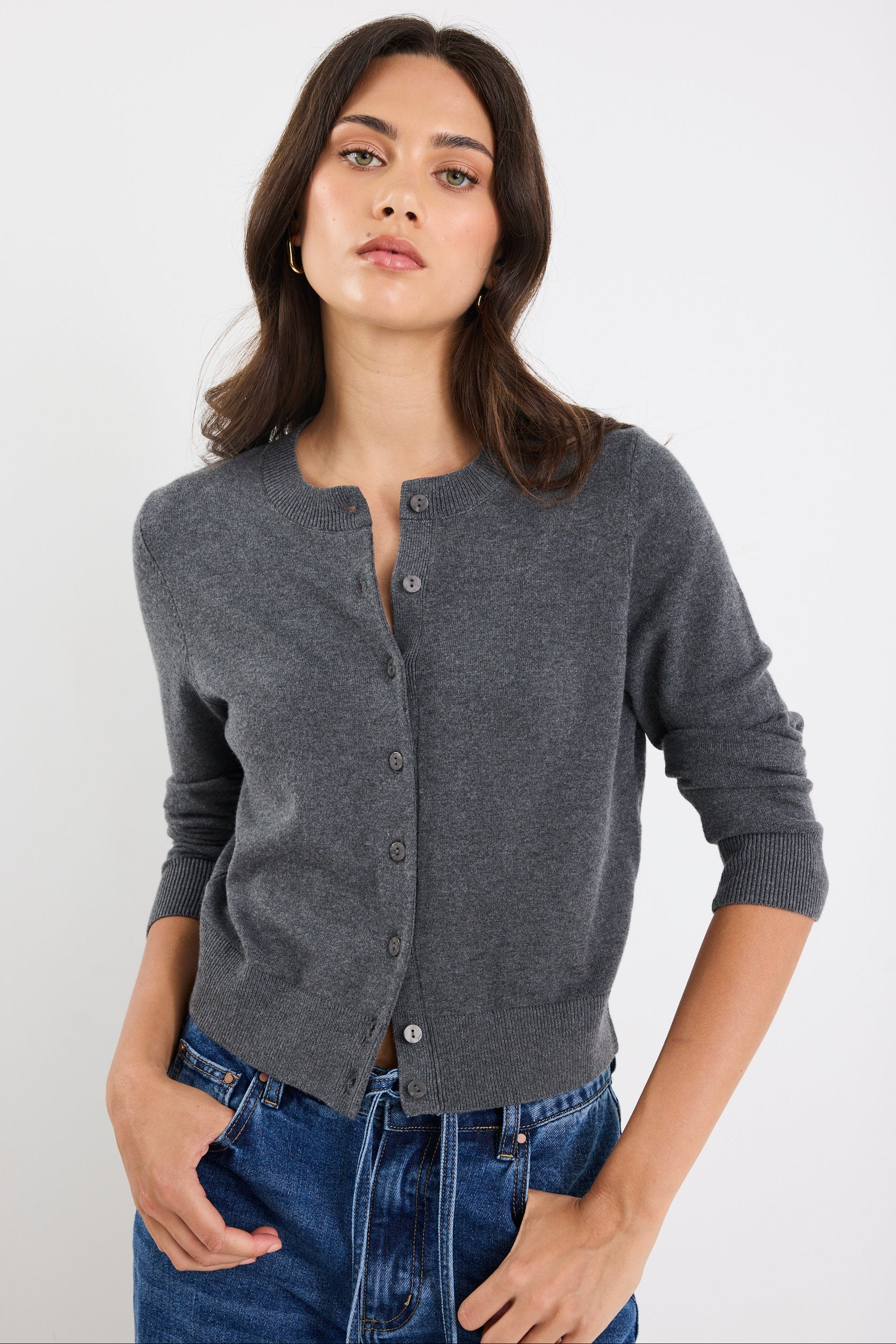 Autograph Charcoal Soft Fine Gauge Crewneck Cardigan - Image 2