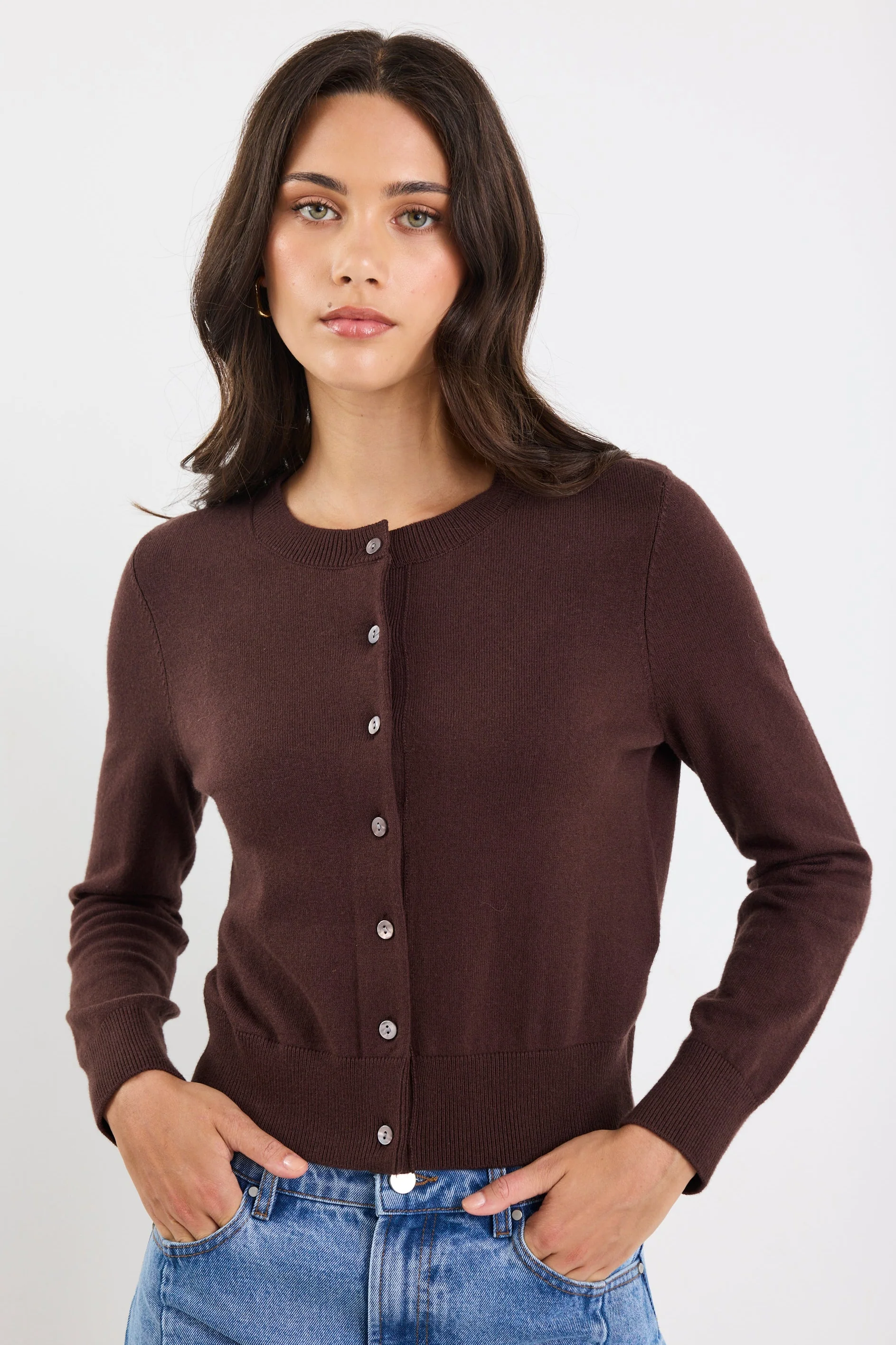 Autograph Chocolate Soft Fine Gauge Crewneck Cardigan - Image 2