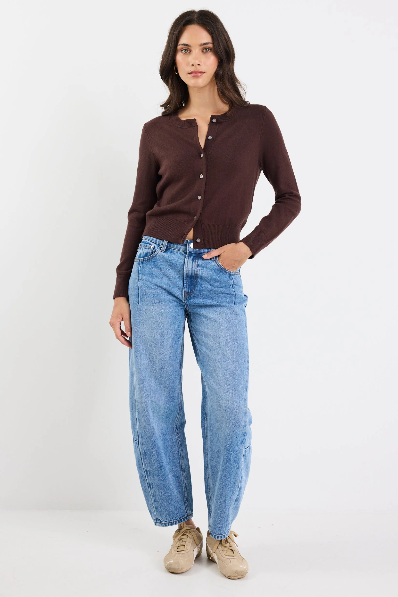Autograph Chocolate Soft Fine Gauge Crewneck Cardigan - Image 3
