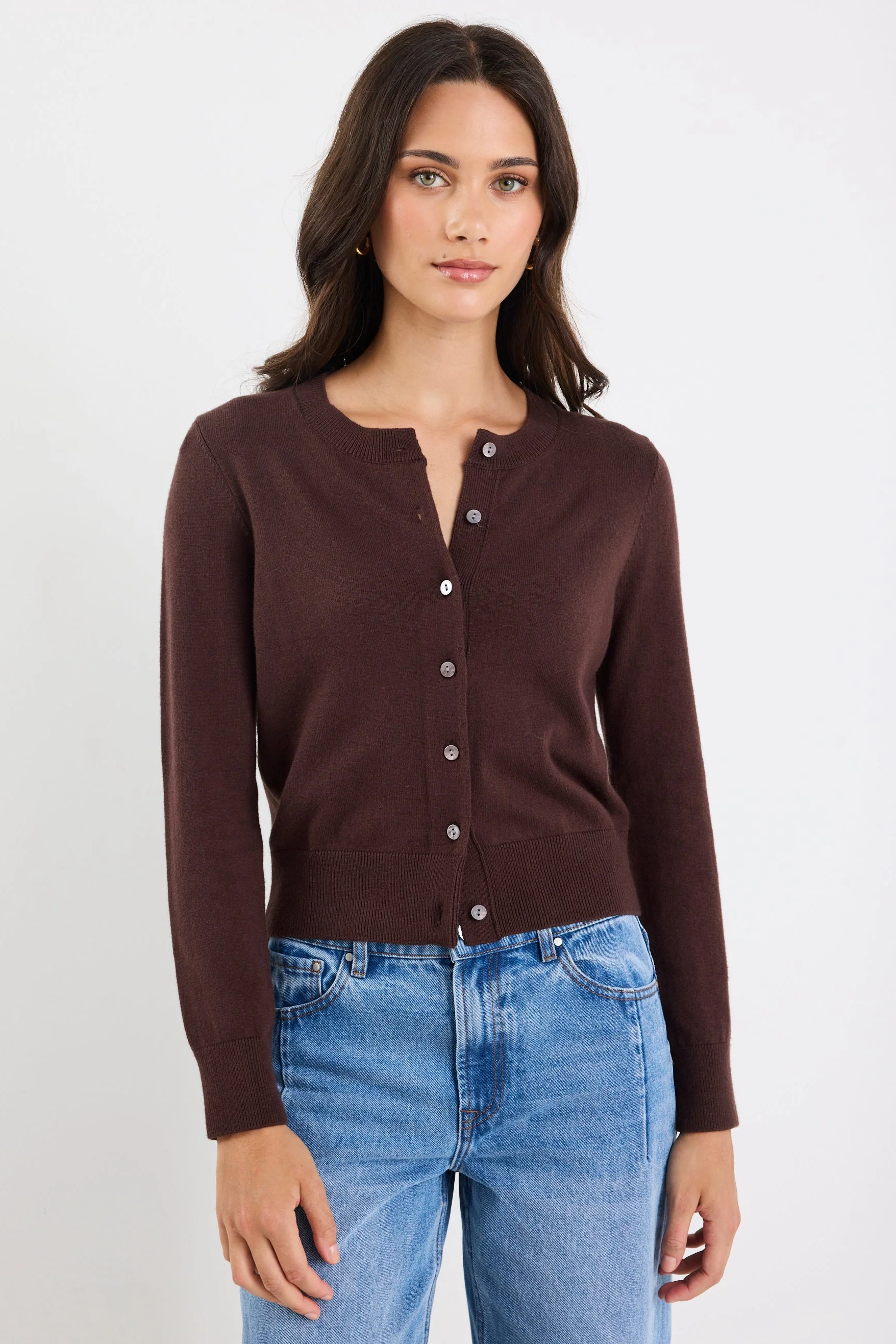 Autograph Chocolate Soft Fine Gauge Crewneck Cardigan - Image 4