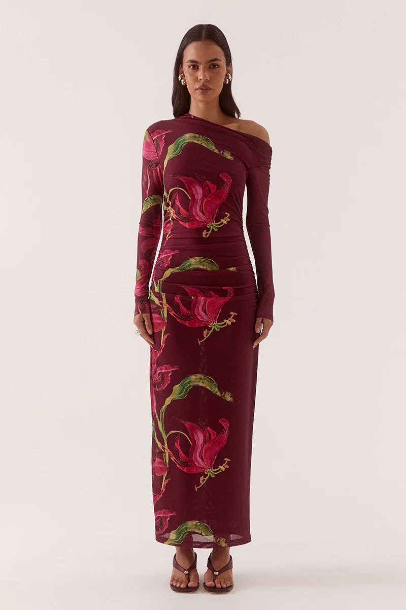 Azalea Vino Red Floral Print LS Maxi Dress - Image 2