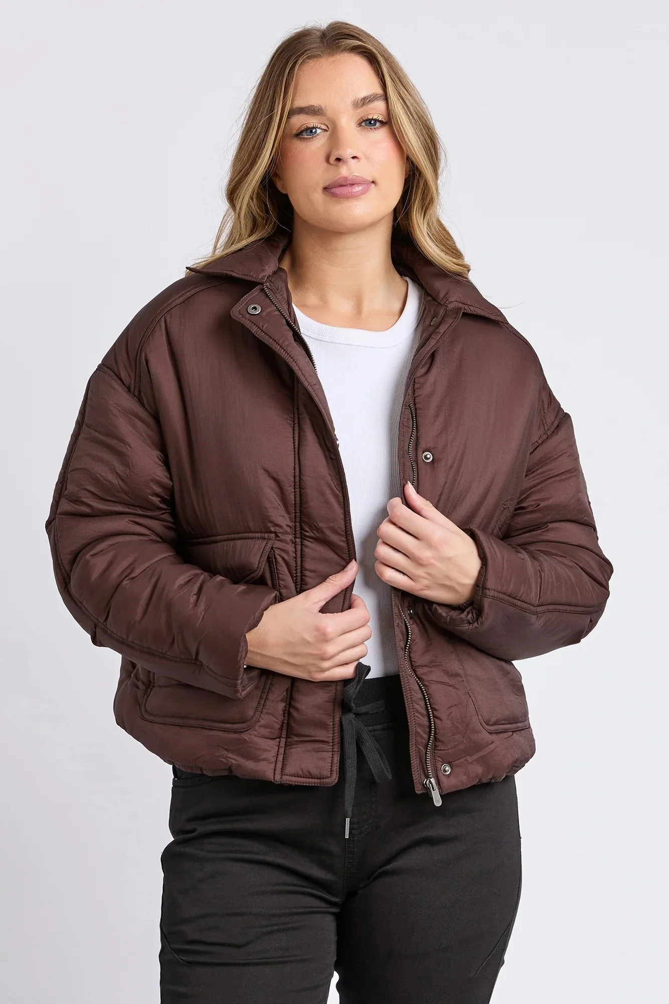 Banff Chocolate Nylon Woven Puffer Jacket - Image 2