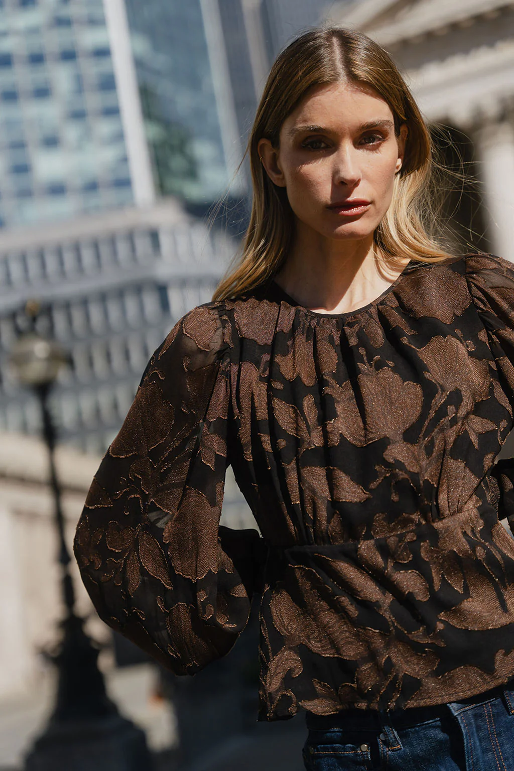 Beckon Chocolate Moonlit Garden Jacquard Bubble Sleeve Top