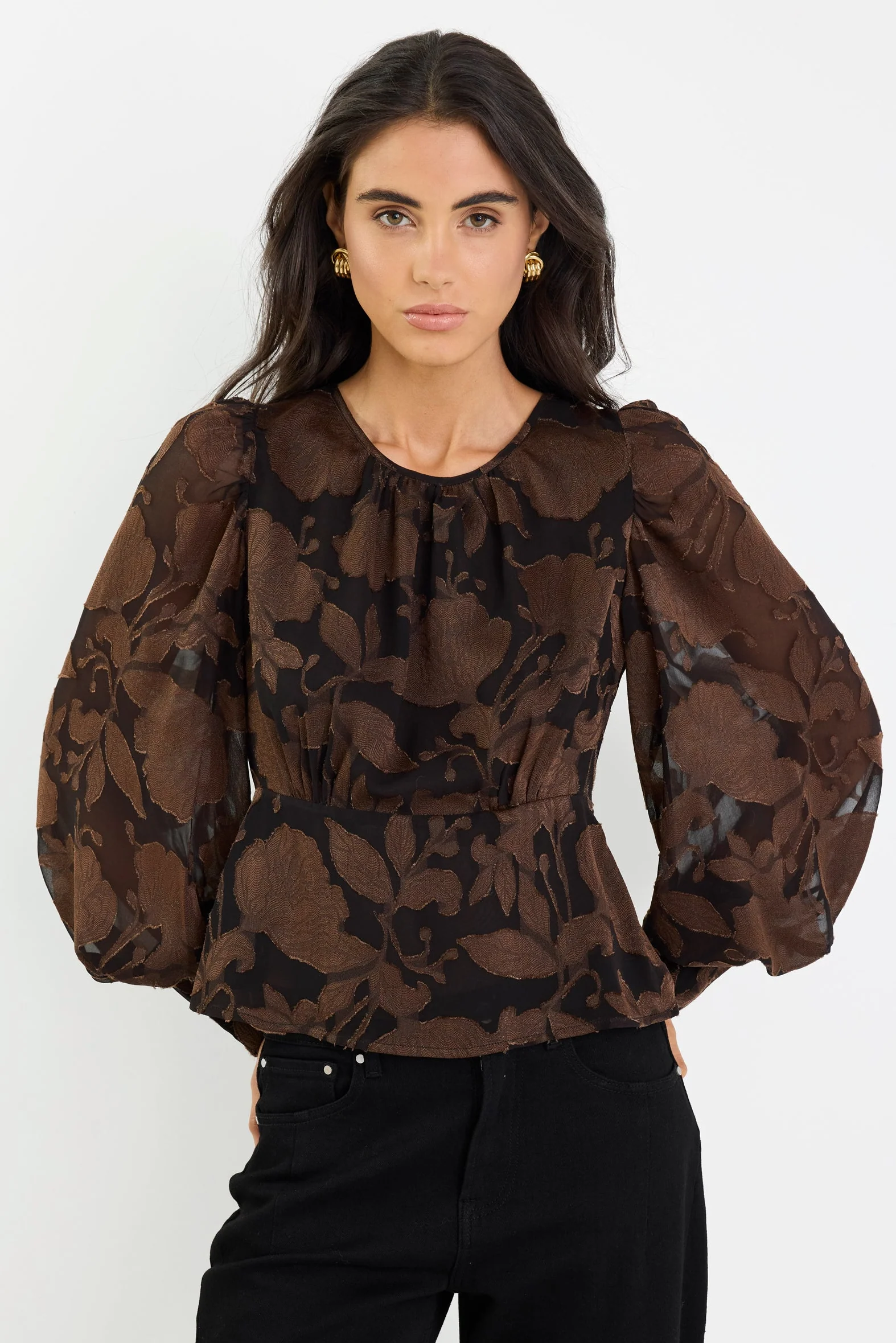 Beckon Chocolate Moonlit Garden Jacquard Bubble Sleeve Top - Image 3