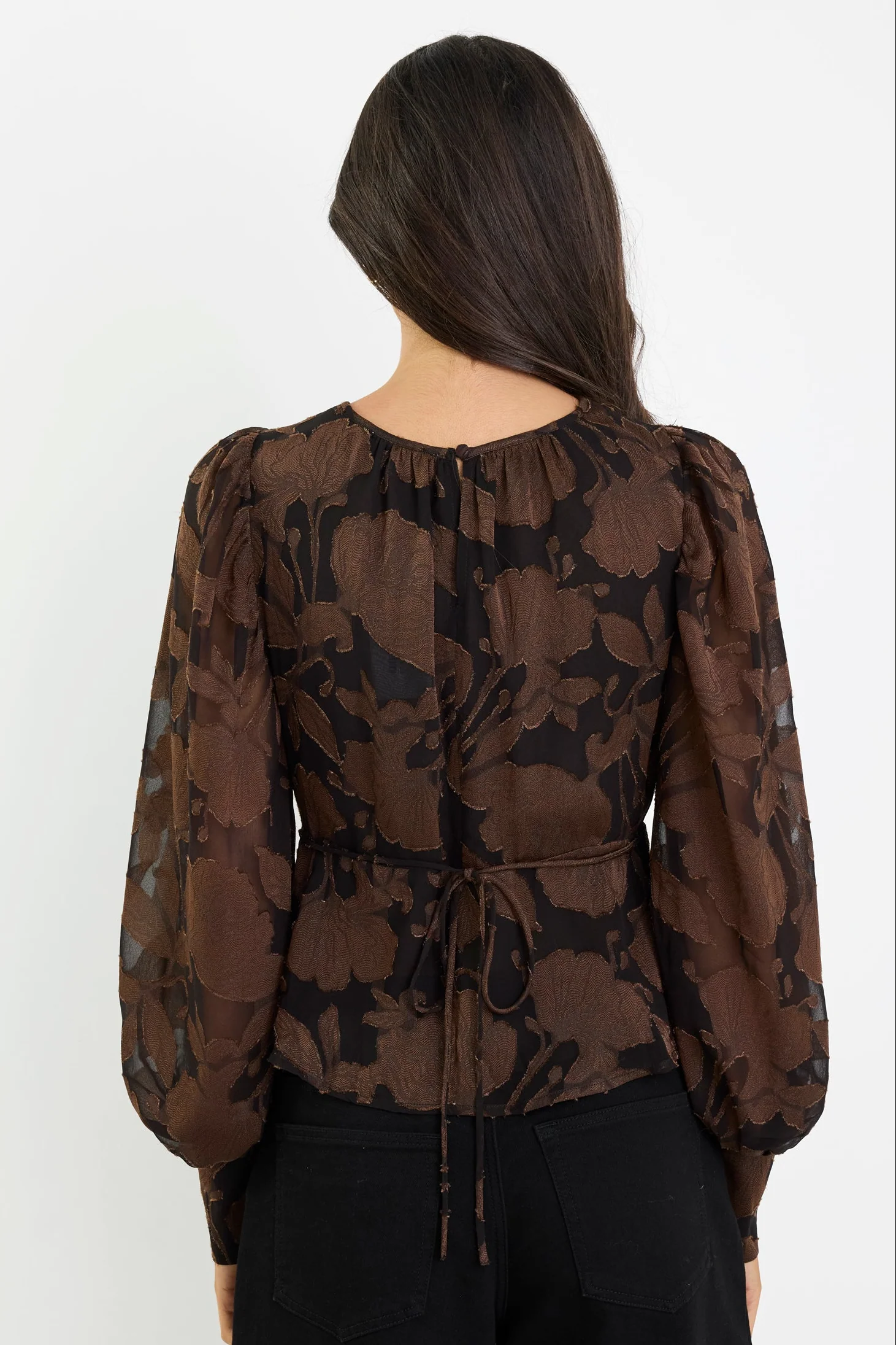 Beckon Chocolate Moonlit Garden Jacquard Bubble Sleeve Top - Image 5