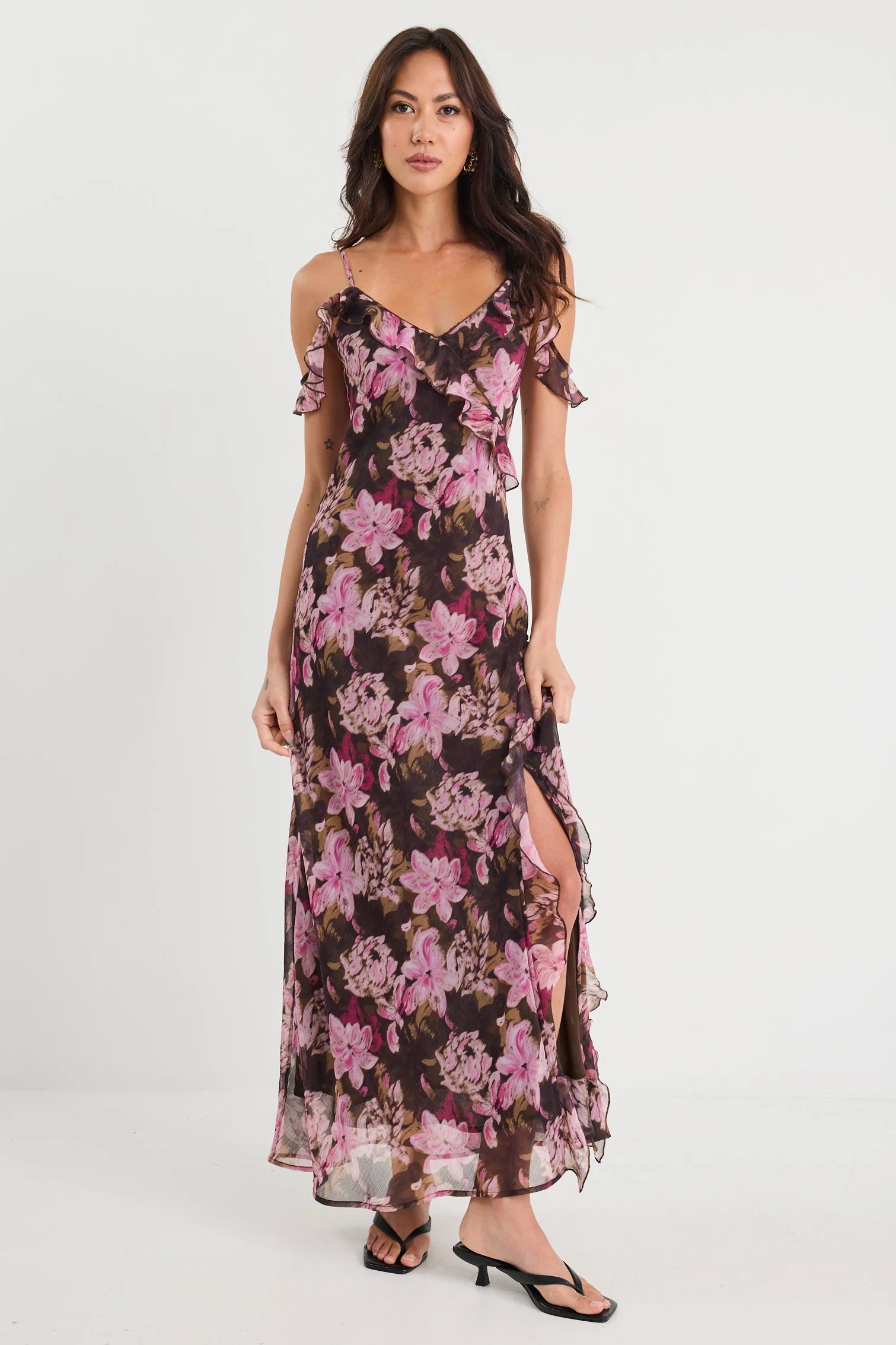 Belfast Black Blush Garden Bias Ruffle Slip Maxi Dress - Image 2