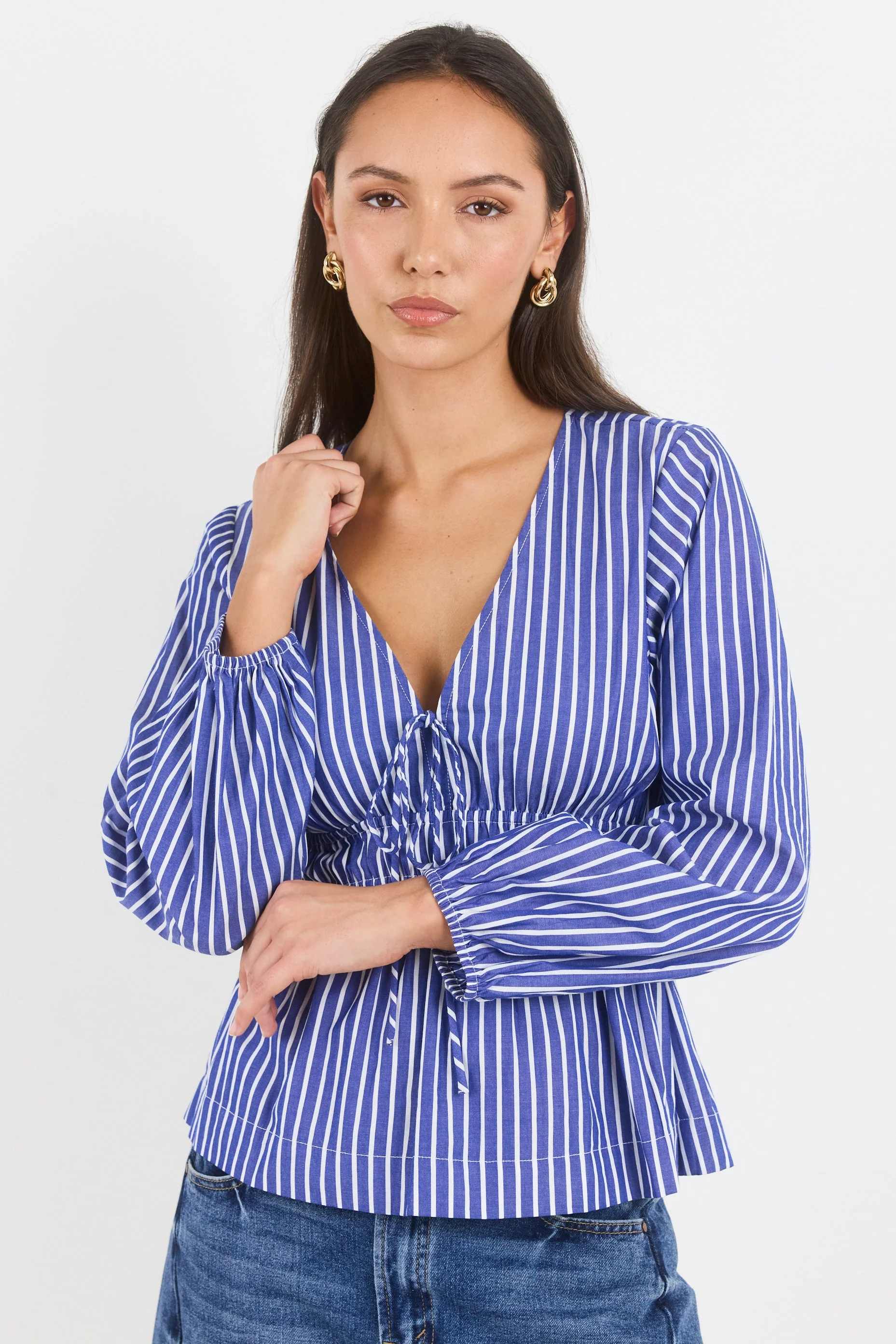 Belief Blue Stripe V Neck Fit and Flare Long Sleeve Top - Image 2