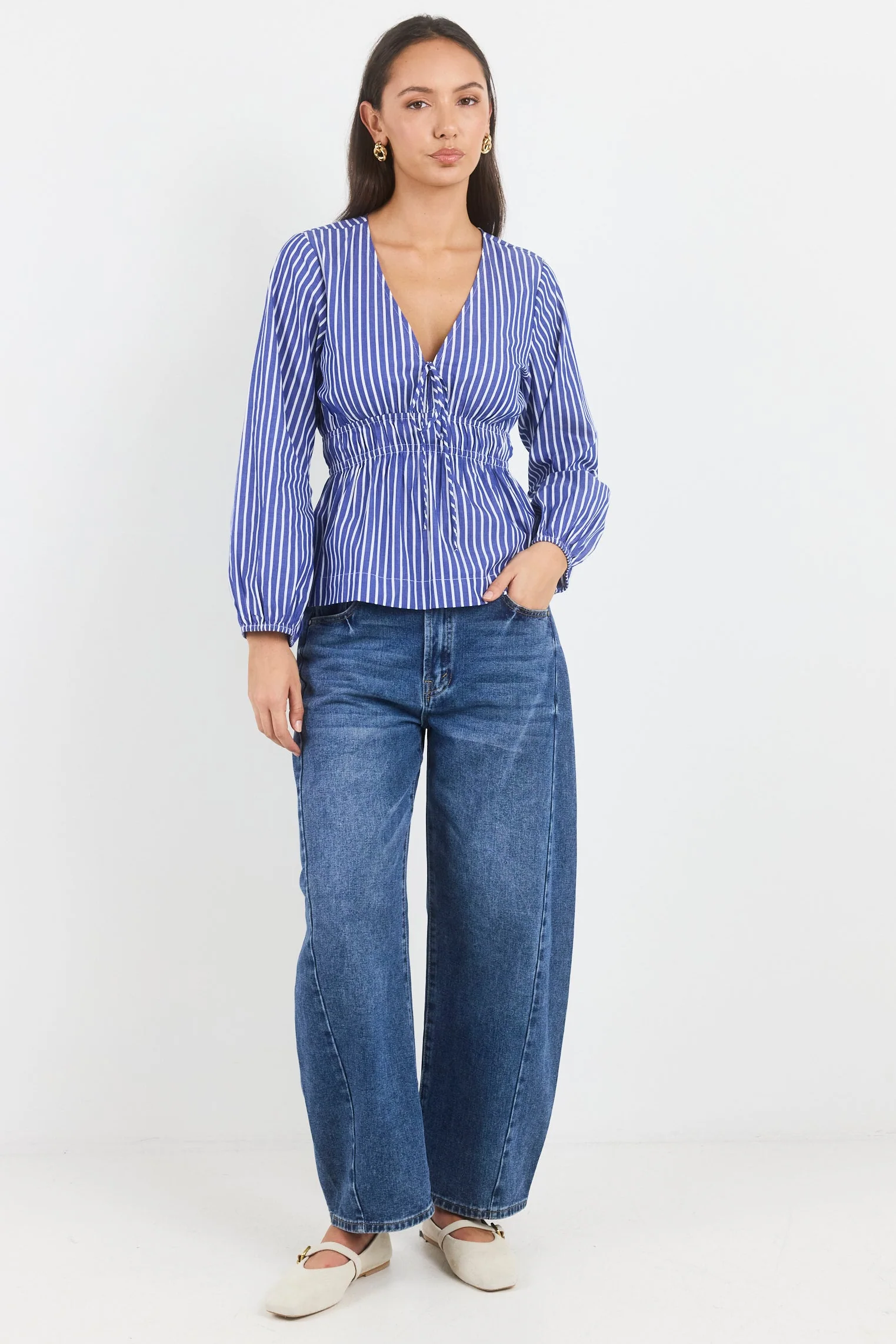 Belief Blue Stripe V Neck Fit and Flare Long Sleeve Top - Image 3