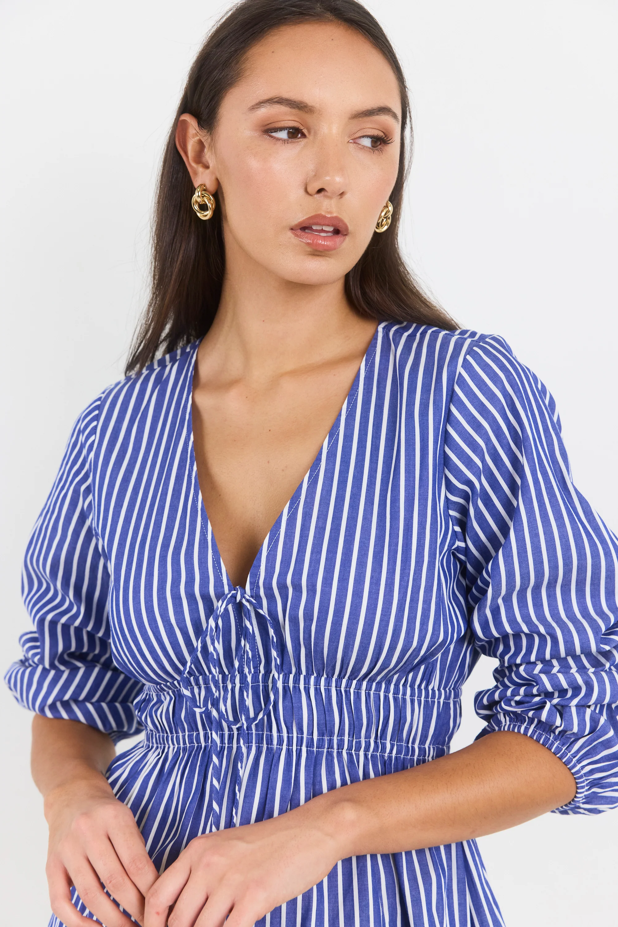 Belief Blue Stripe V Neck Fit and Flare Long Sleeve Top - Image 4