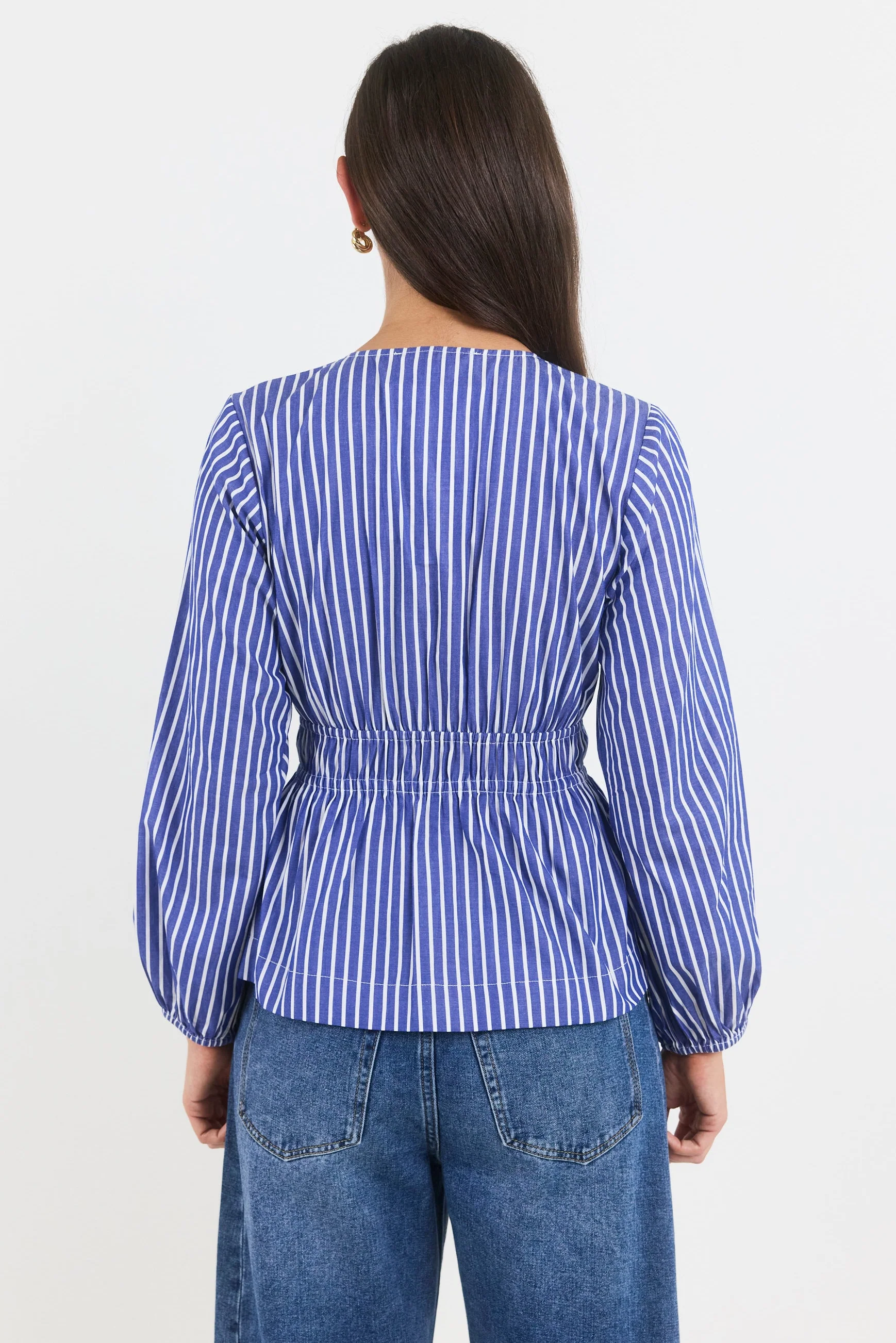 Belief Blue Stripe V Neck Fit and Flare Long Sleeve Top - Image 5