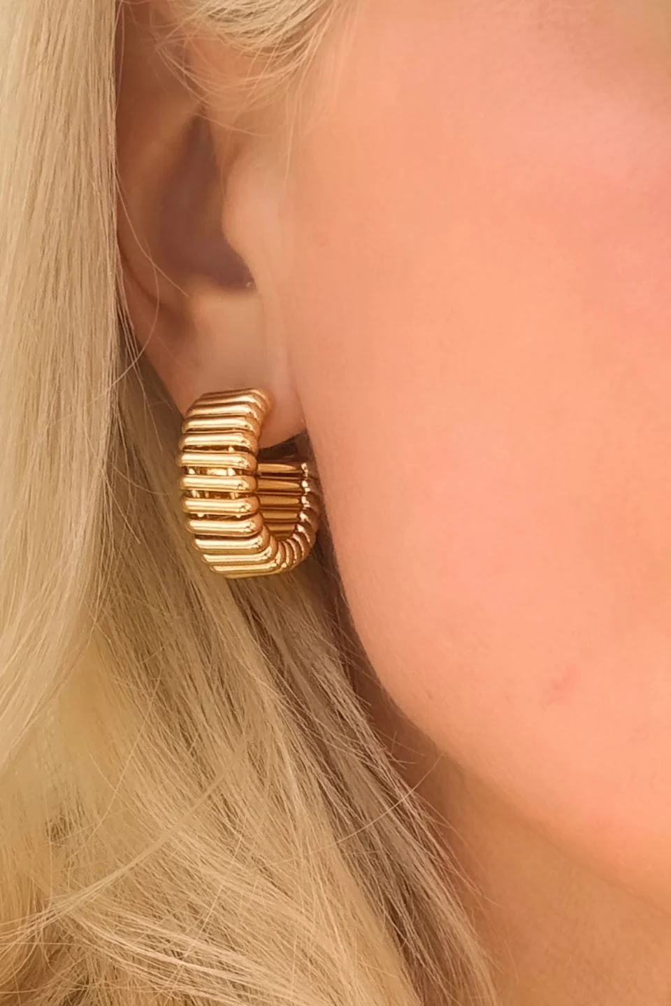 Belloro Gold Ridged Hoop Earrings - Image 2