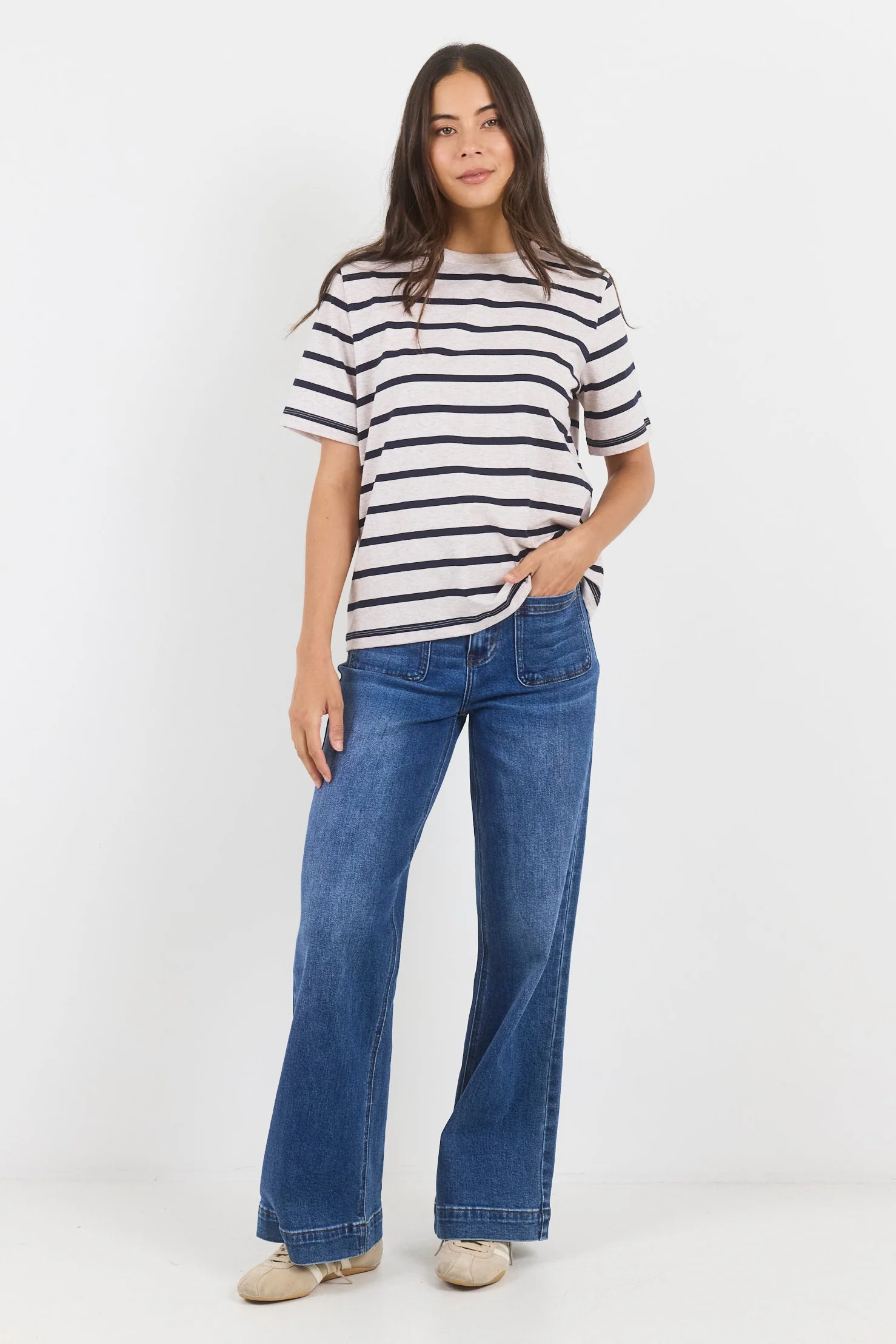 Binding Ecru Navy Stripe Boxy Fit Tee - Image 2