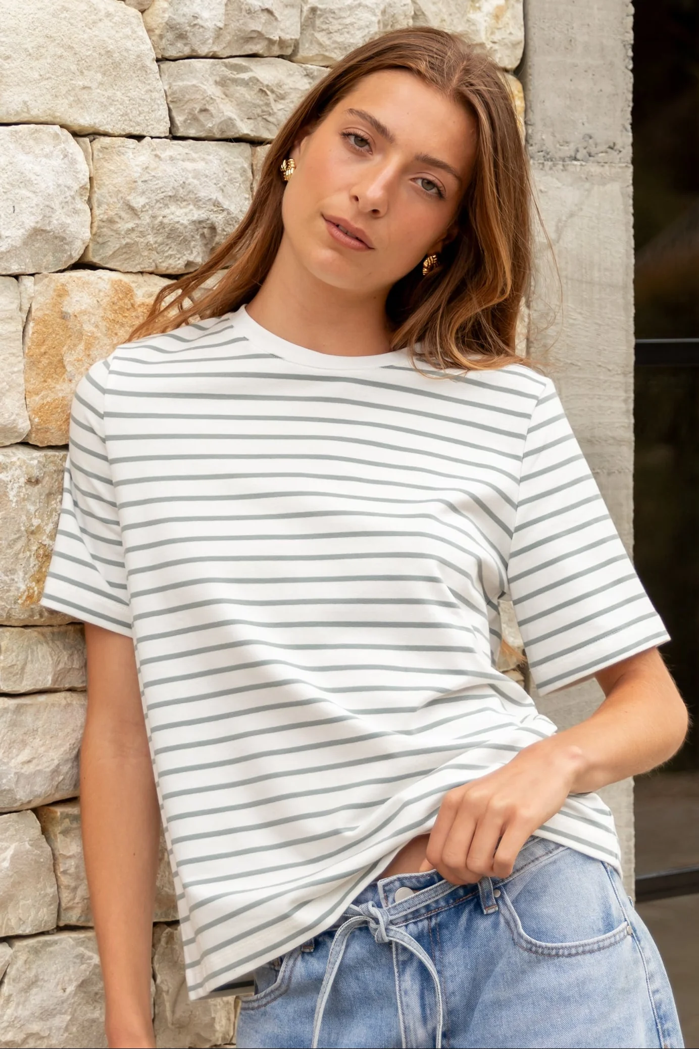 Binding Khaki White Stripe Boxy Fit Tee - Image 5