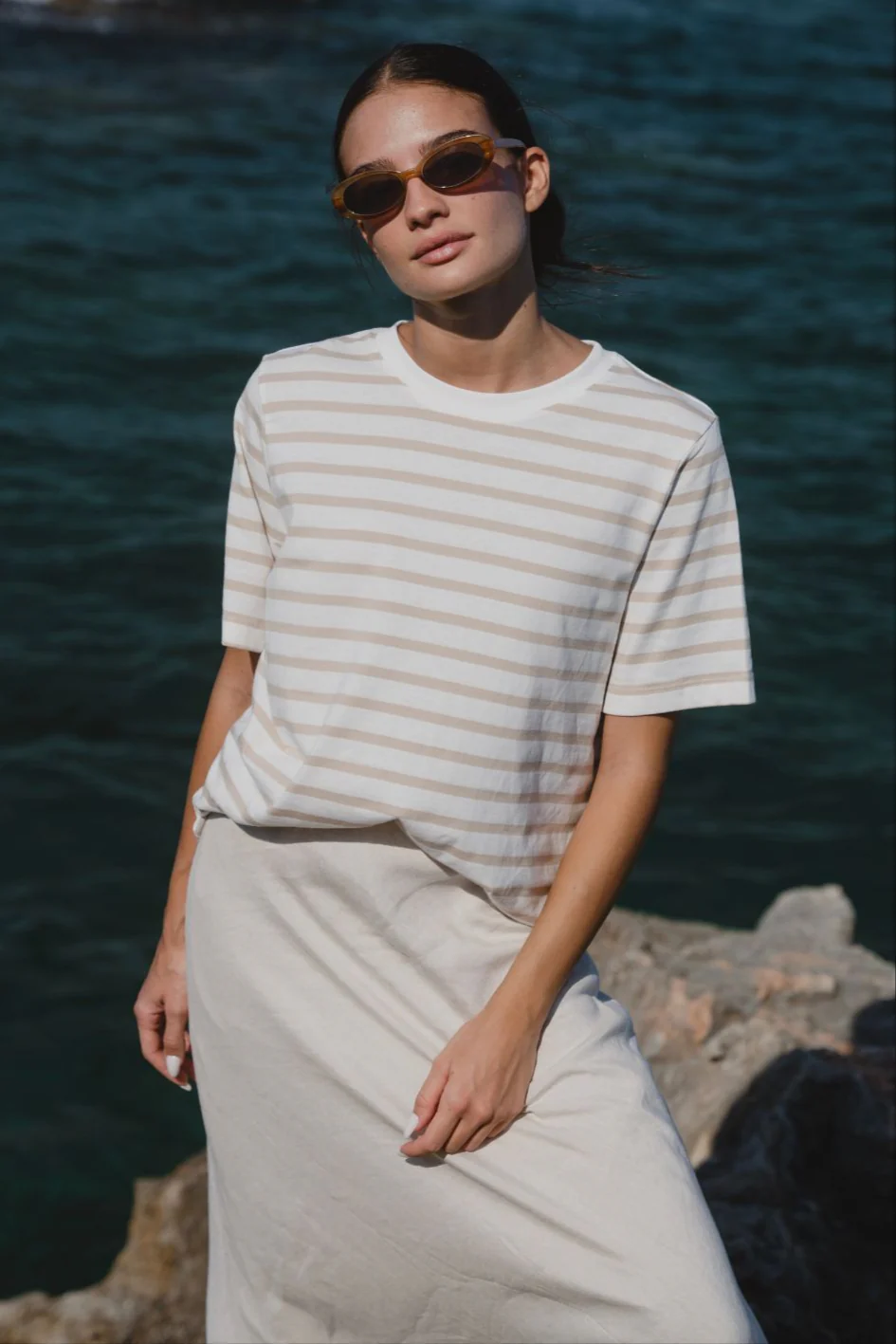Binding White Natural Stripe Boxy Fit Tee