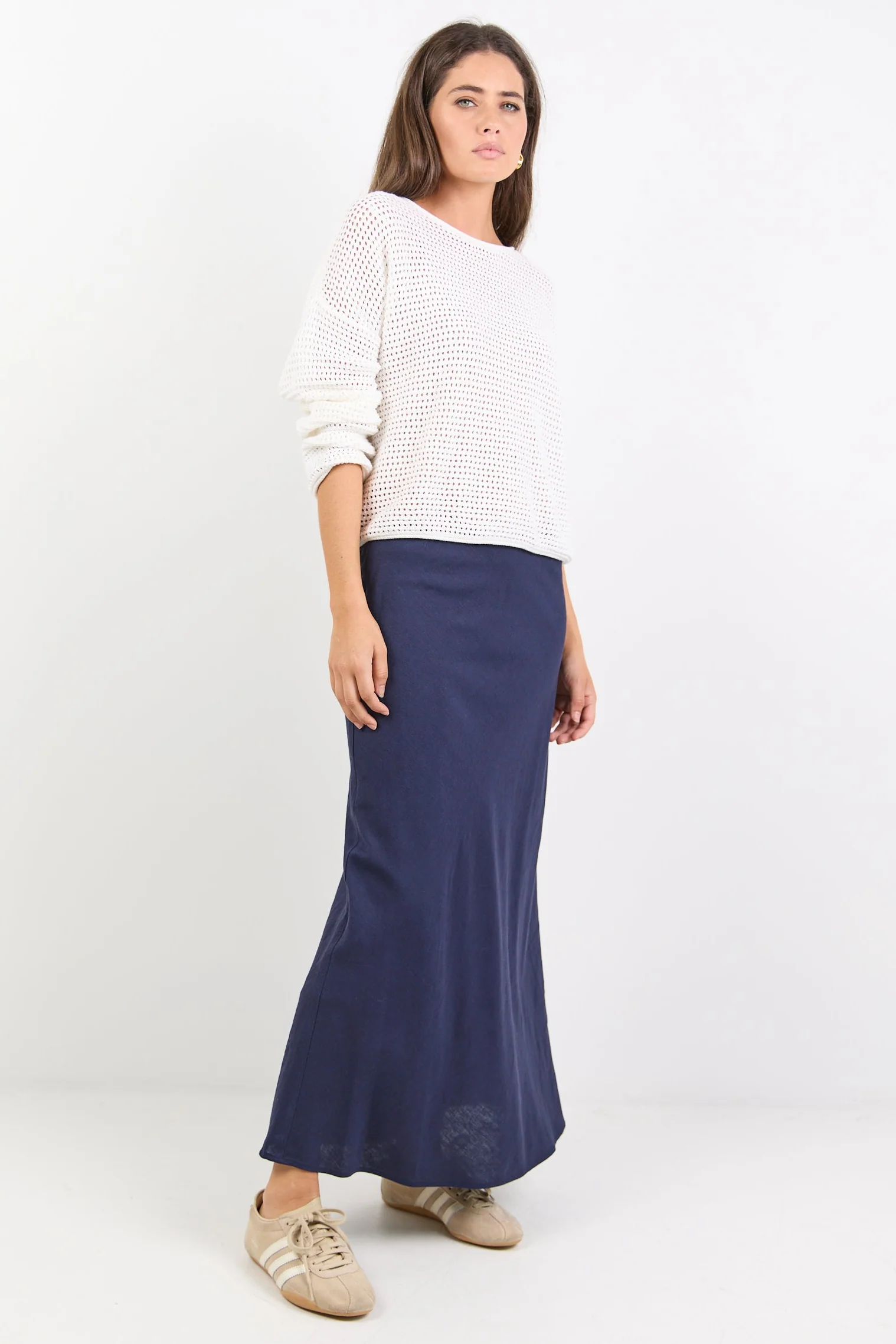 Bliss Navy Linen Blend Bias Midi Skirt - Image 2