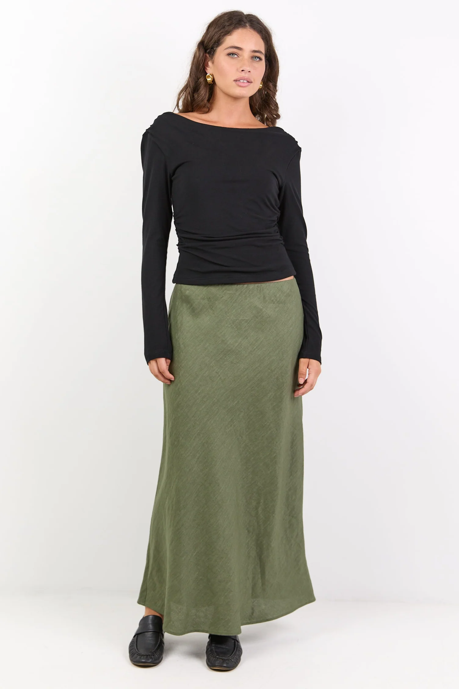 Bliss Soft Khaki Linen Bias Midi Skirt