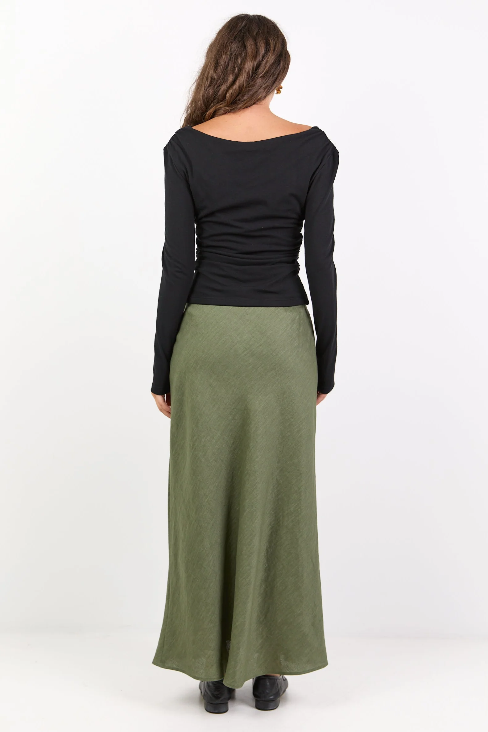 Bliss Soft Khaki Linen Bias Midi Skirt - Image 5