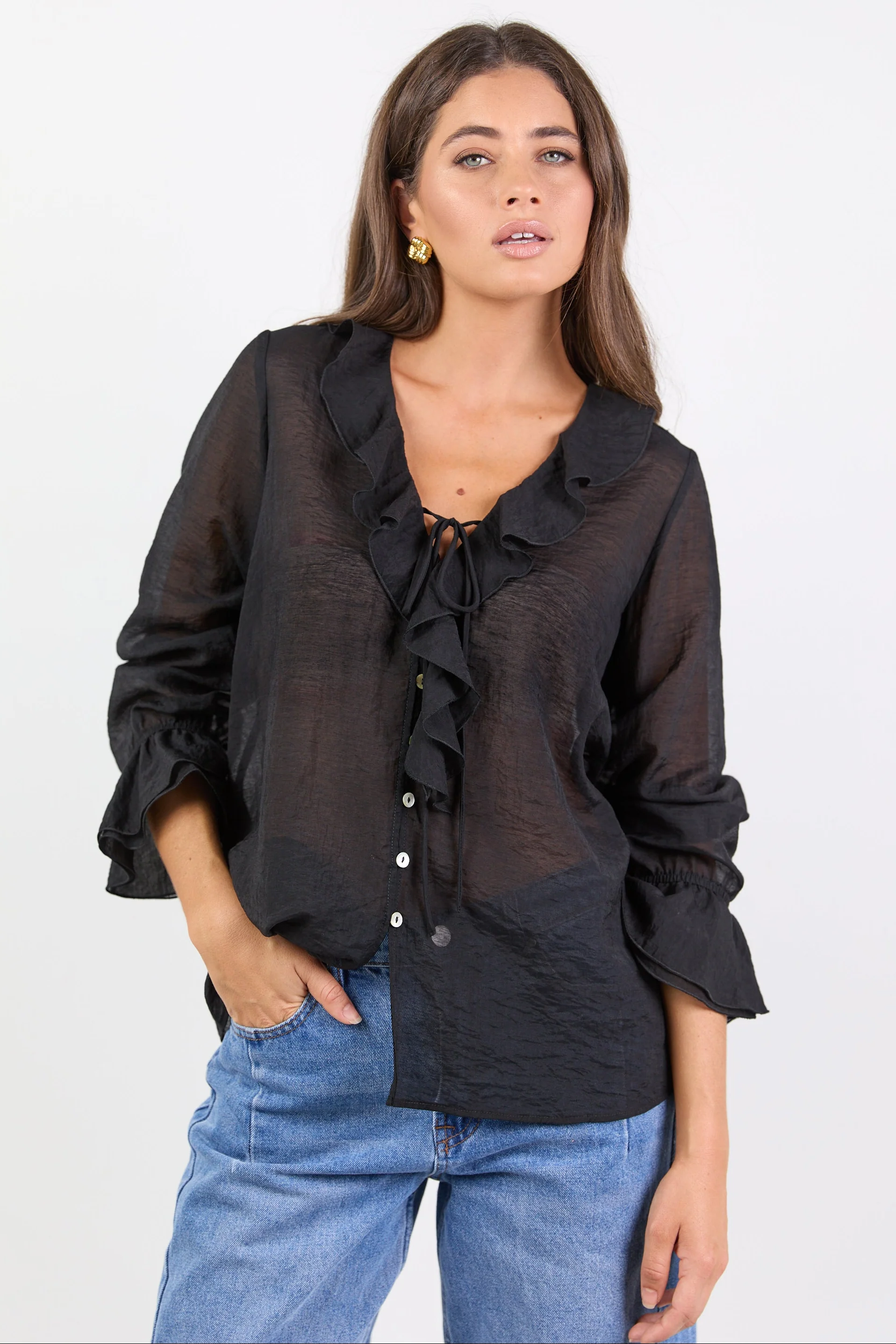Bohemian Black Sheer Frill Front Blouse - Image 3