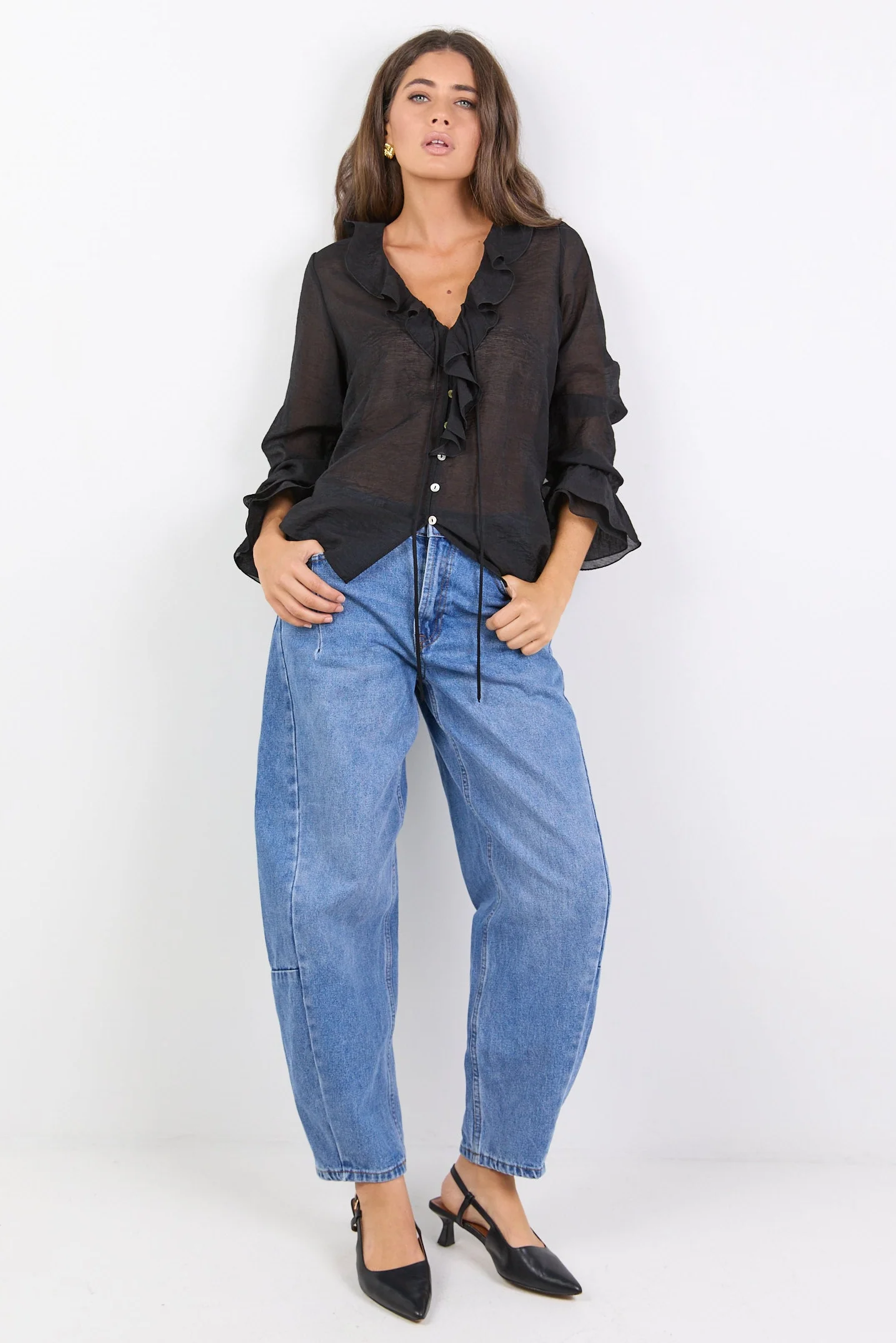 Bohemian Black Sheer Frill Front Blouse - Image 4