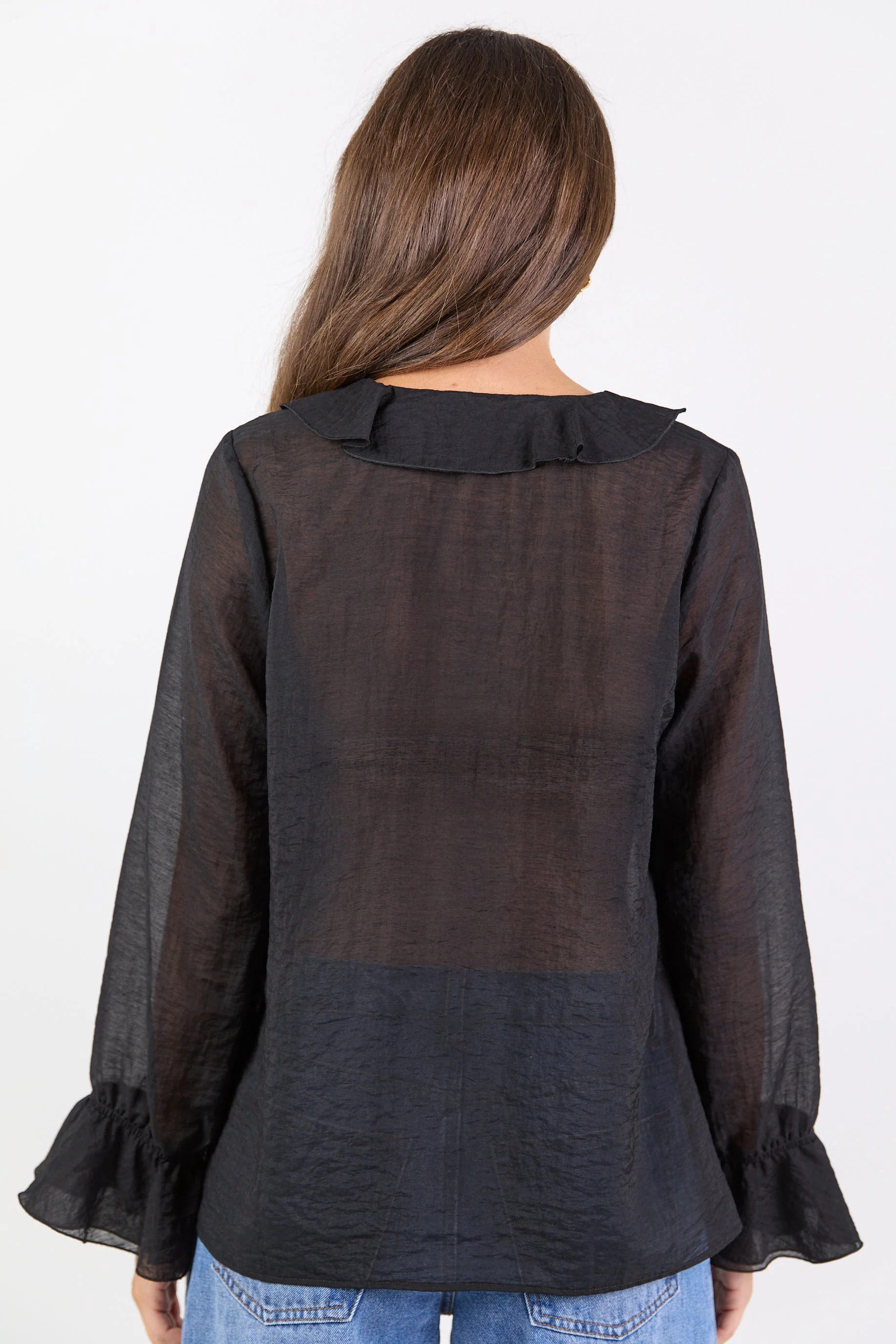 Bohemian Black Sheer Frill Front Blouse - Image 6