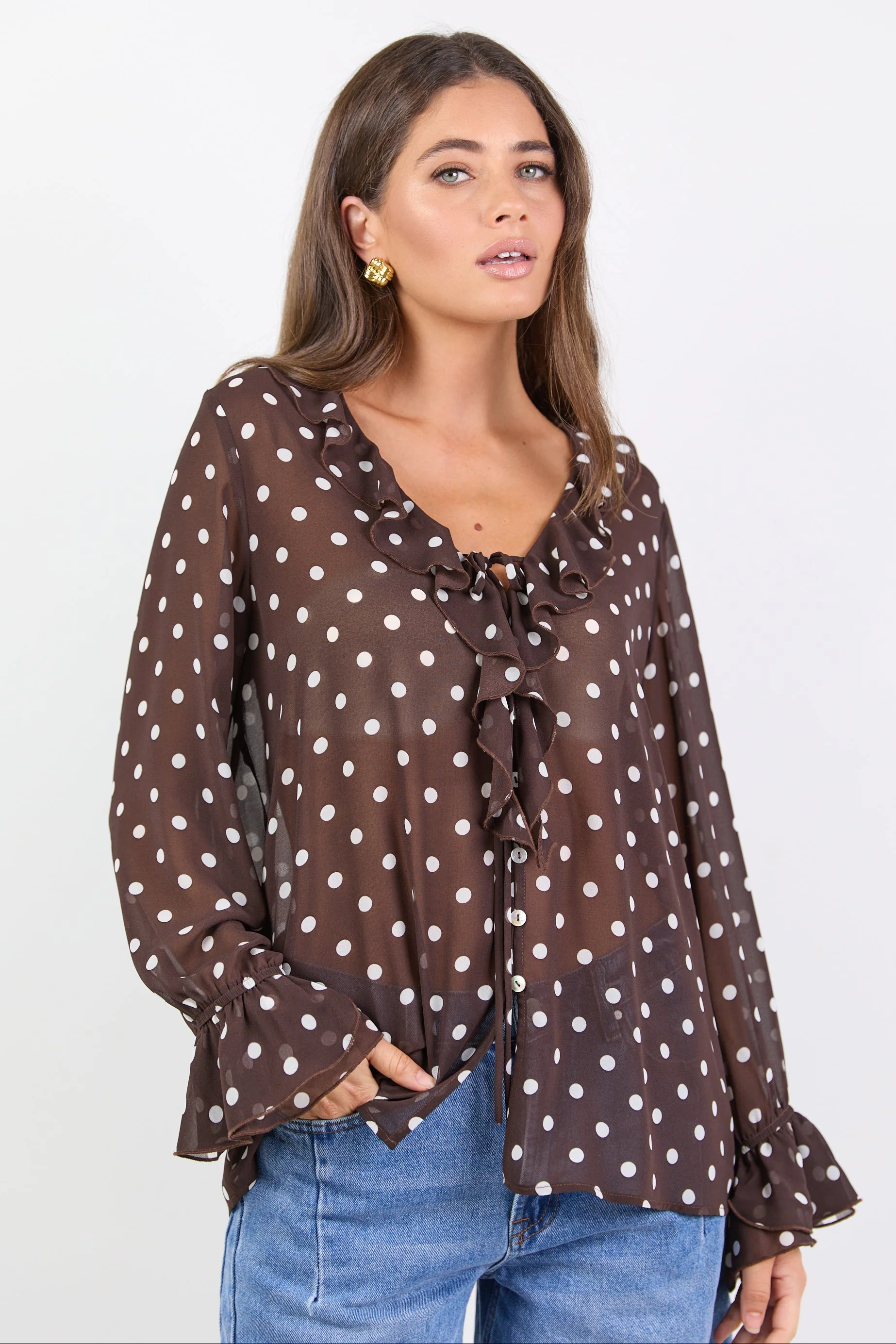 Bohemian Chocolate Polka Dot Sheer Frill Front Blouse - Image 3