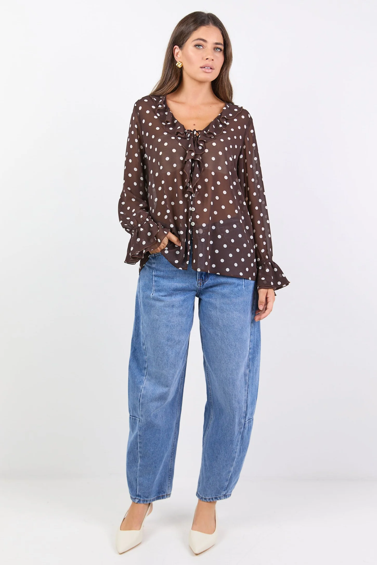 Bohemian Chocolate Polka Dot Sheer Frill Front Blouse - Image 4