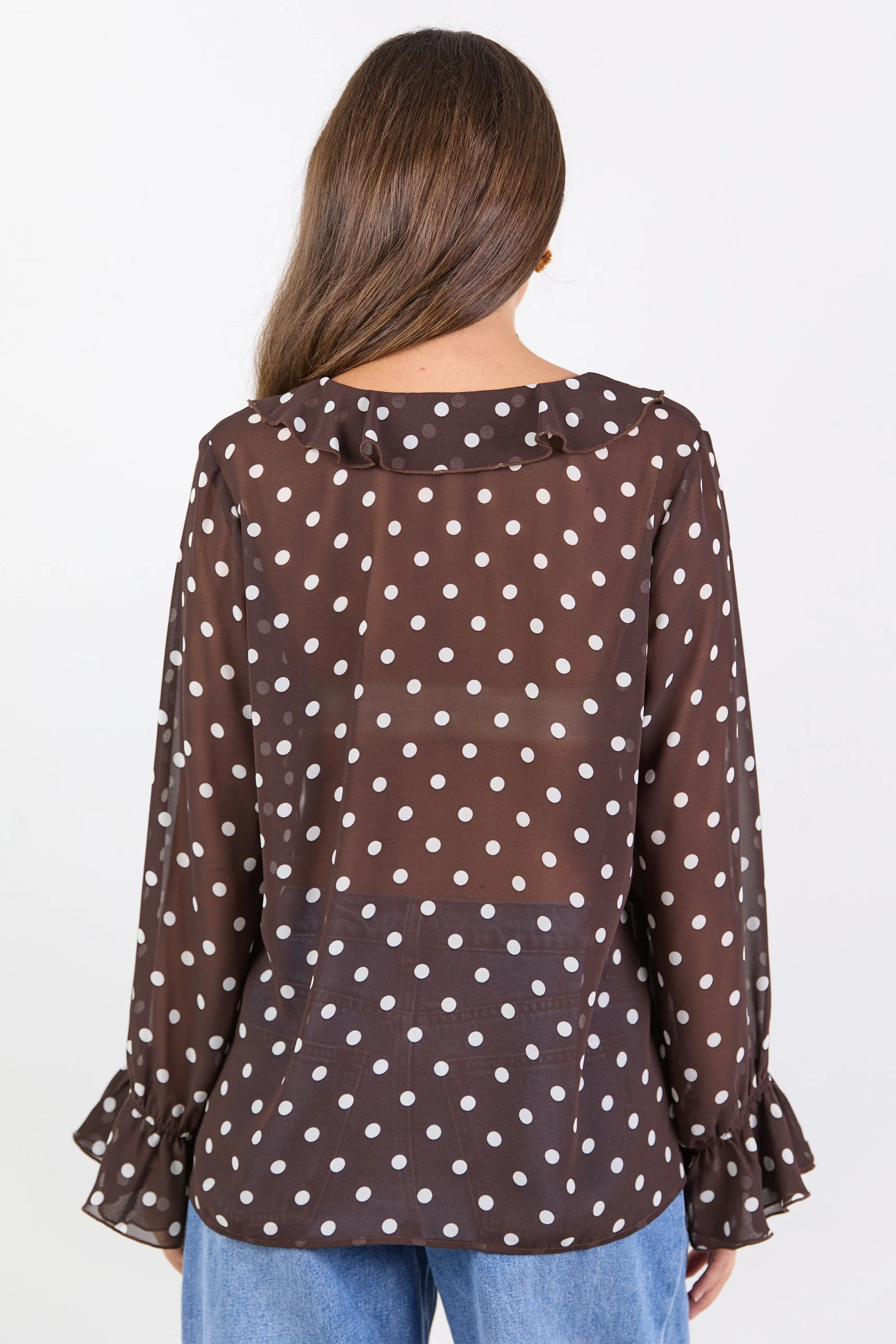 Bohemian Chocolate Polka Dot Sheer Frill Front Blouse - Image 6
