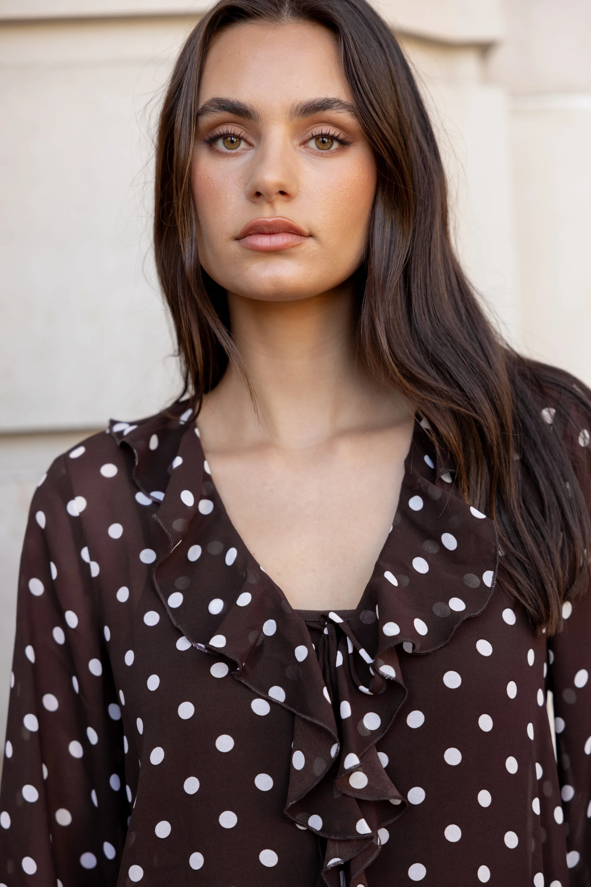Bohemian Chocolate Polka Dot Sheer Frill Front Blouse - Image 9