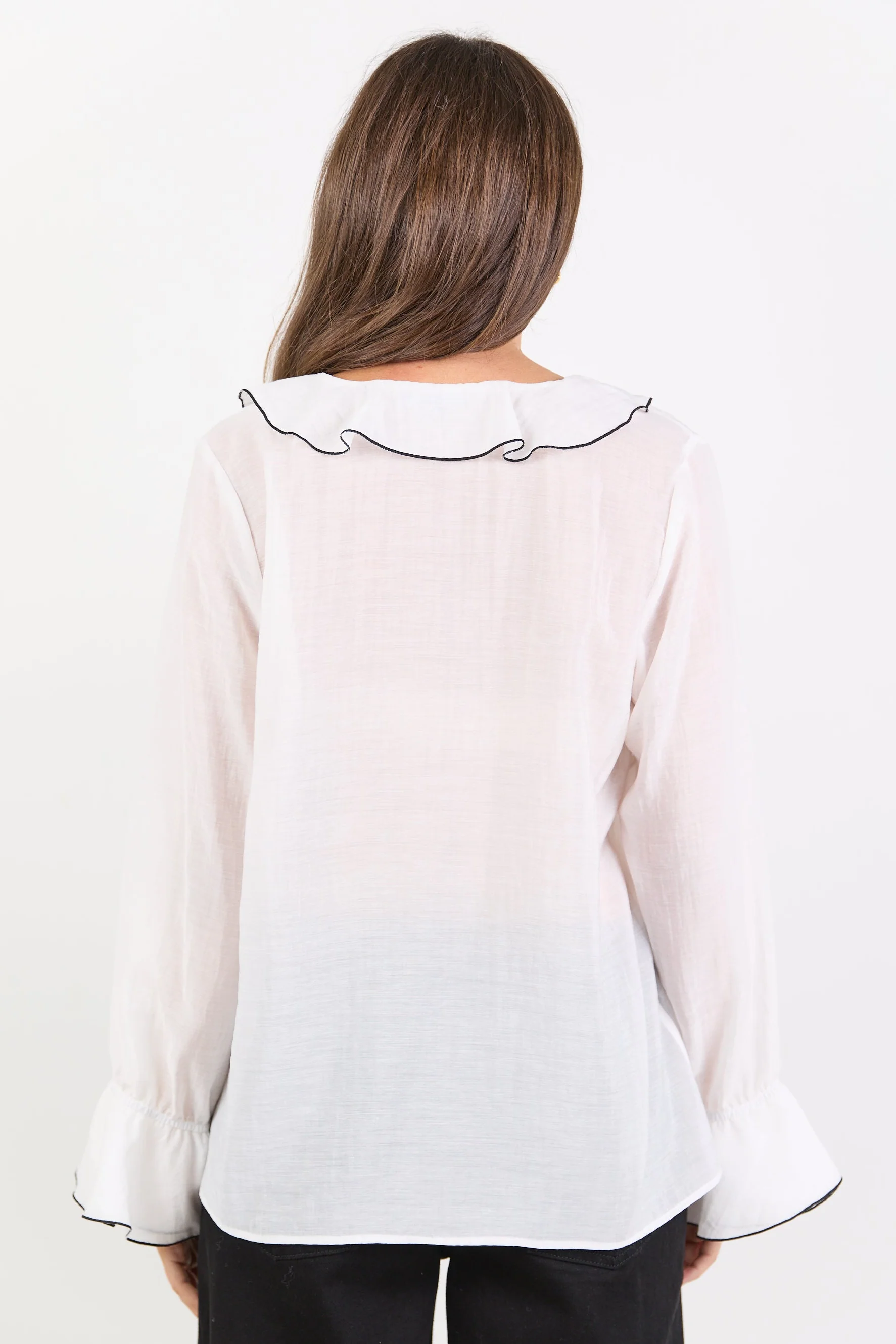 Bohemian Ivory Black Trim Sheer Frill Front Blouse - Image 6
