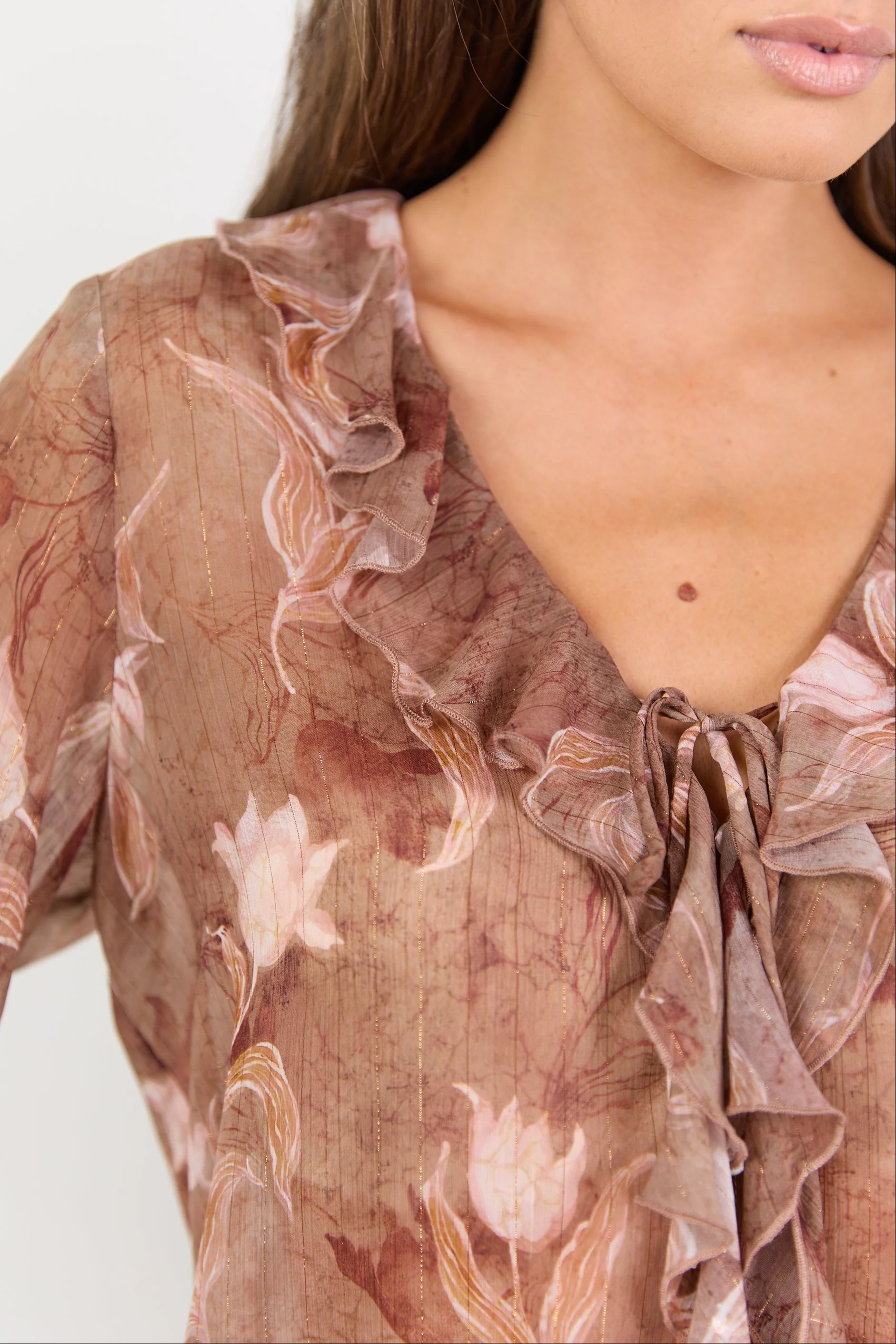 Bohemian Ochre Floral Black Trim Sheer Frill Front Blouse - Image 5
