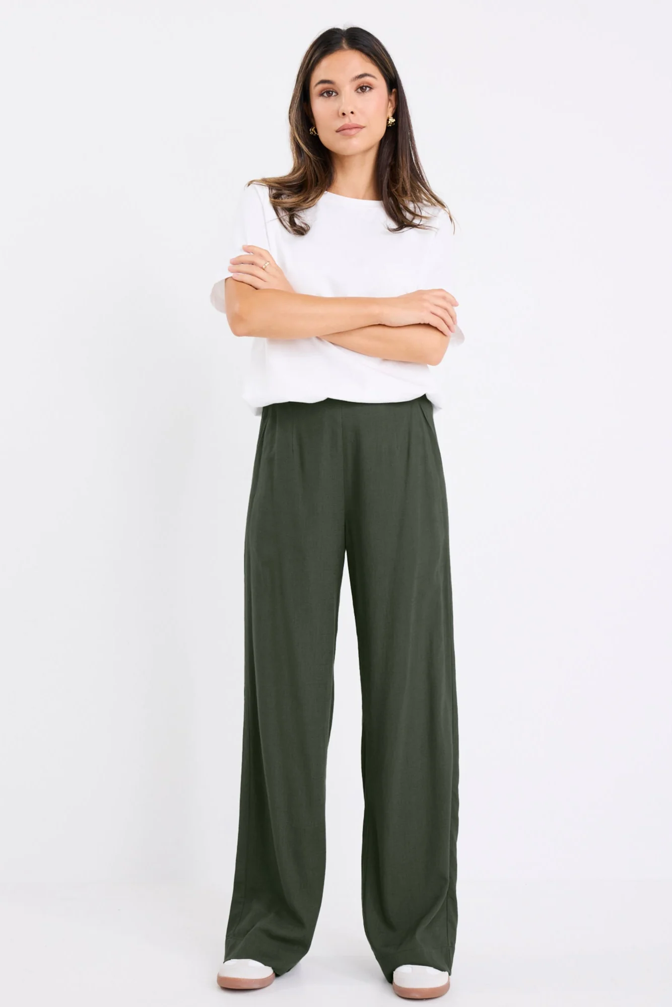 Boulevard Khaki Linen Viscose Wide Leg Pants