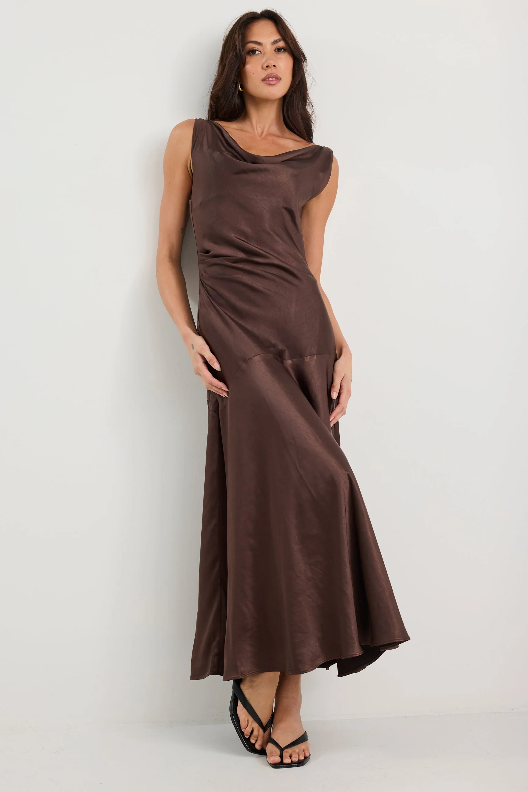 Bountiful Chocolate Satin Tie Back Bias Slip Maxi Dress - Image 3