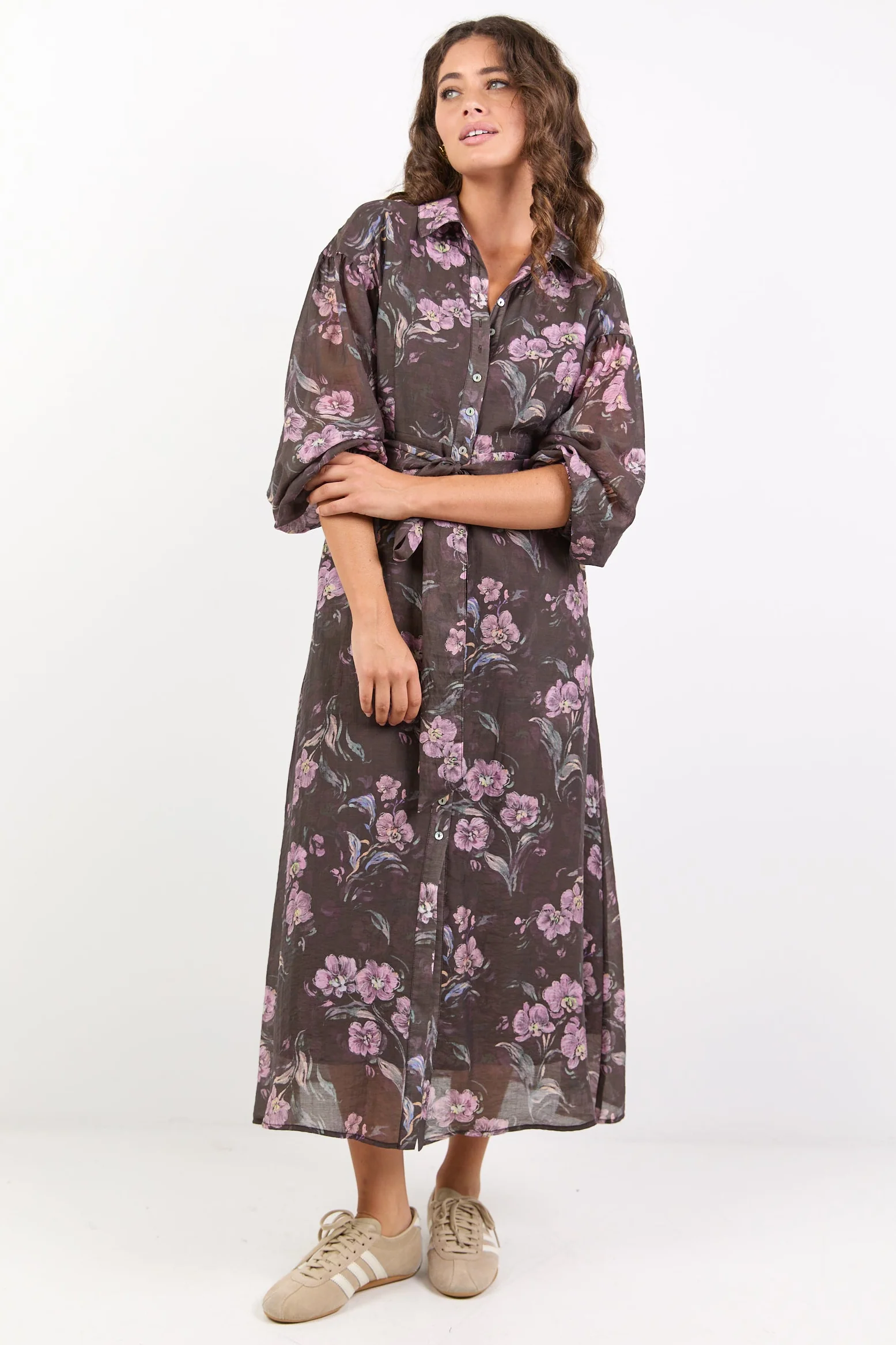 Bounty Chocolate Floral Balloon Sleeve Midi Shirt Dress - Image 5