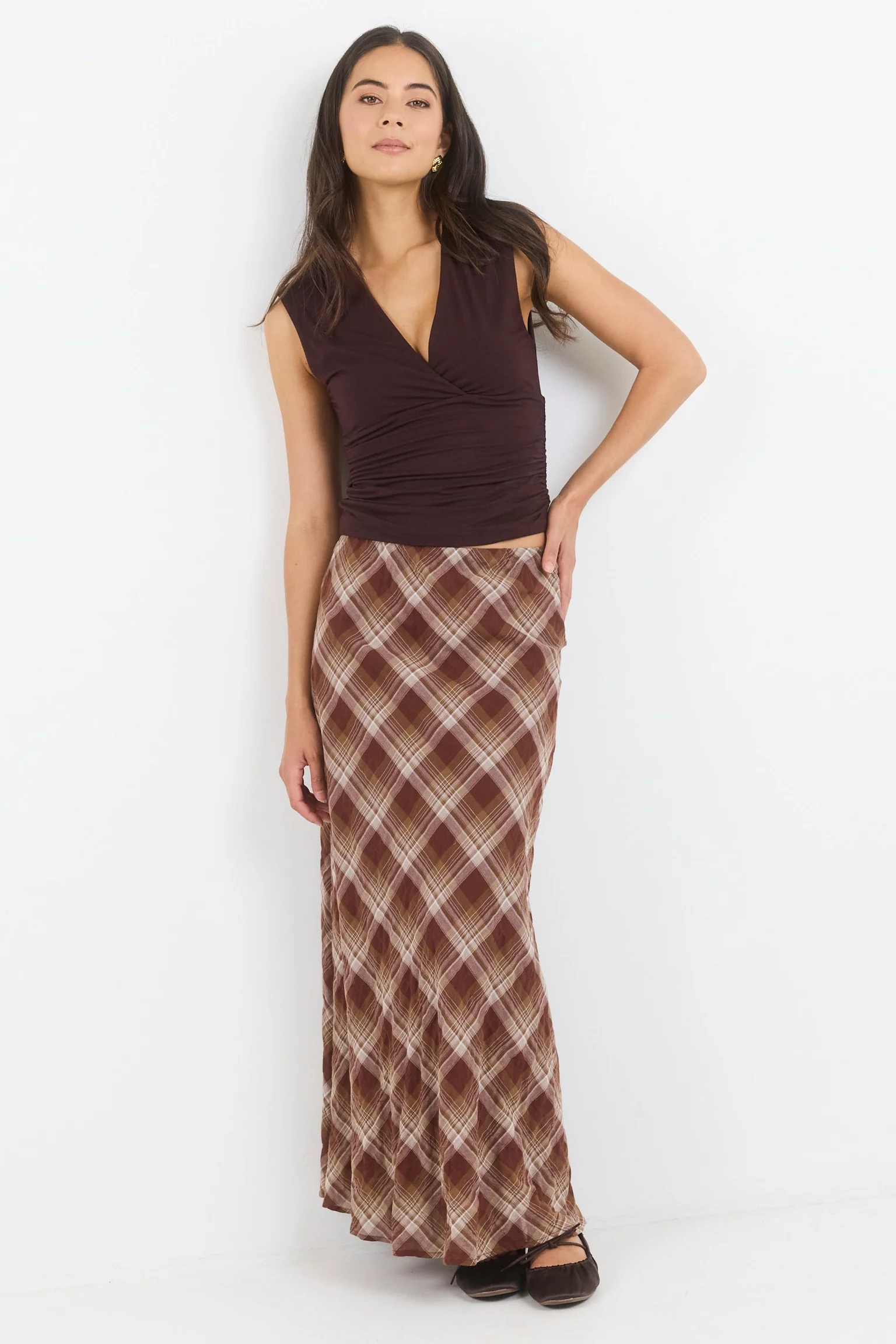 Breathe Brown Check Bias Maxi Skirt