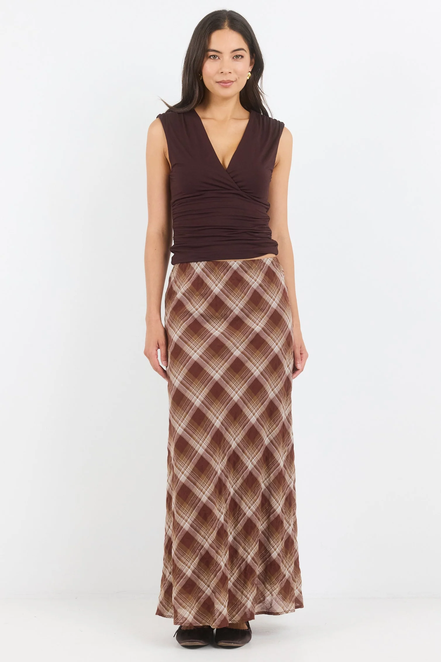 Breathe Brown Check Bias Maxi Skirt - Image 2