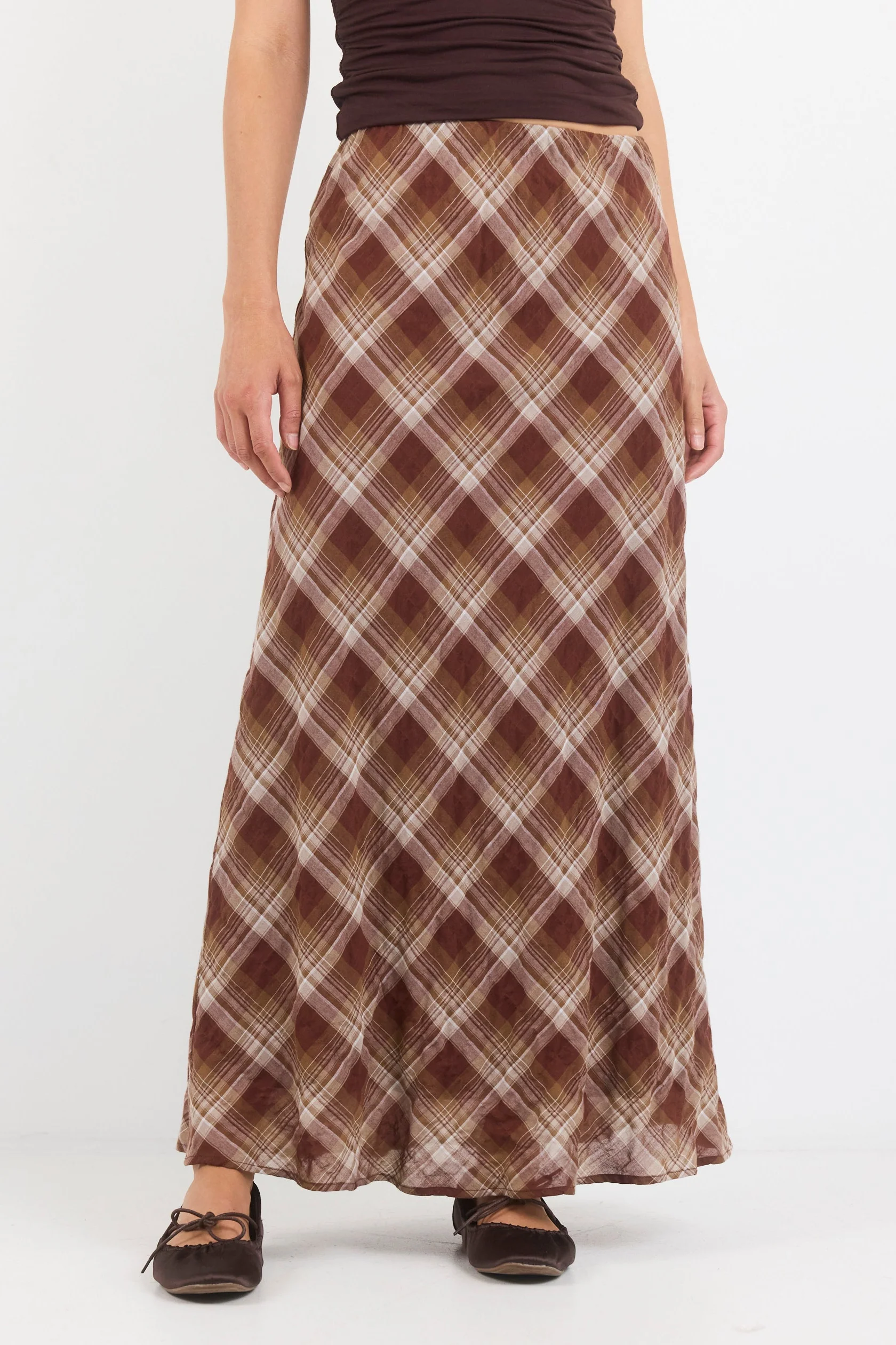 Breathe Brown Check Bias Maxi Skirt - Image 3