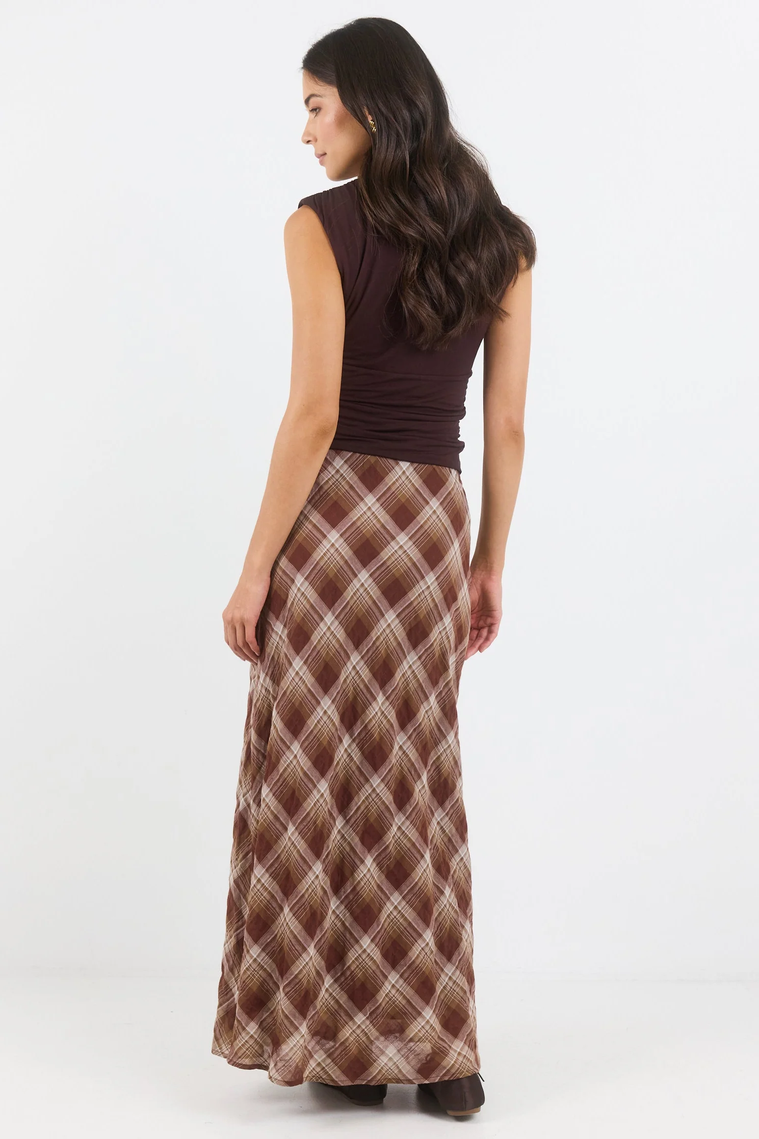 Breathe Brown Check Bias Maxi Skirt - Image 4